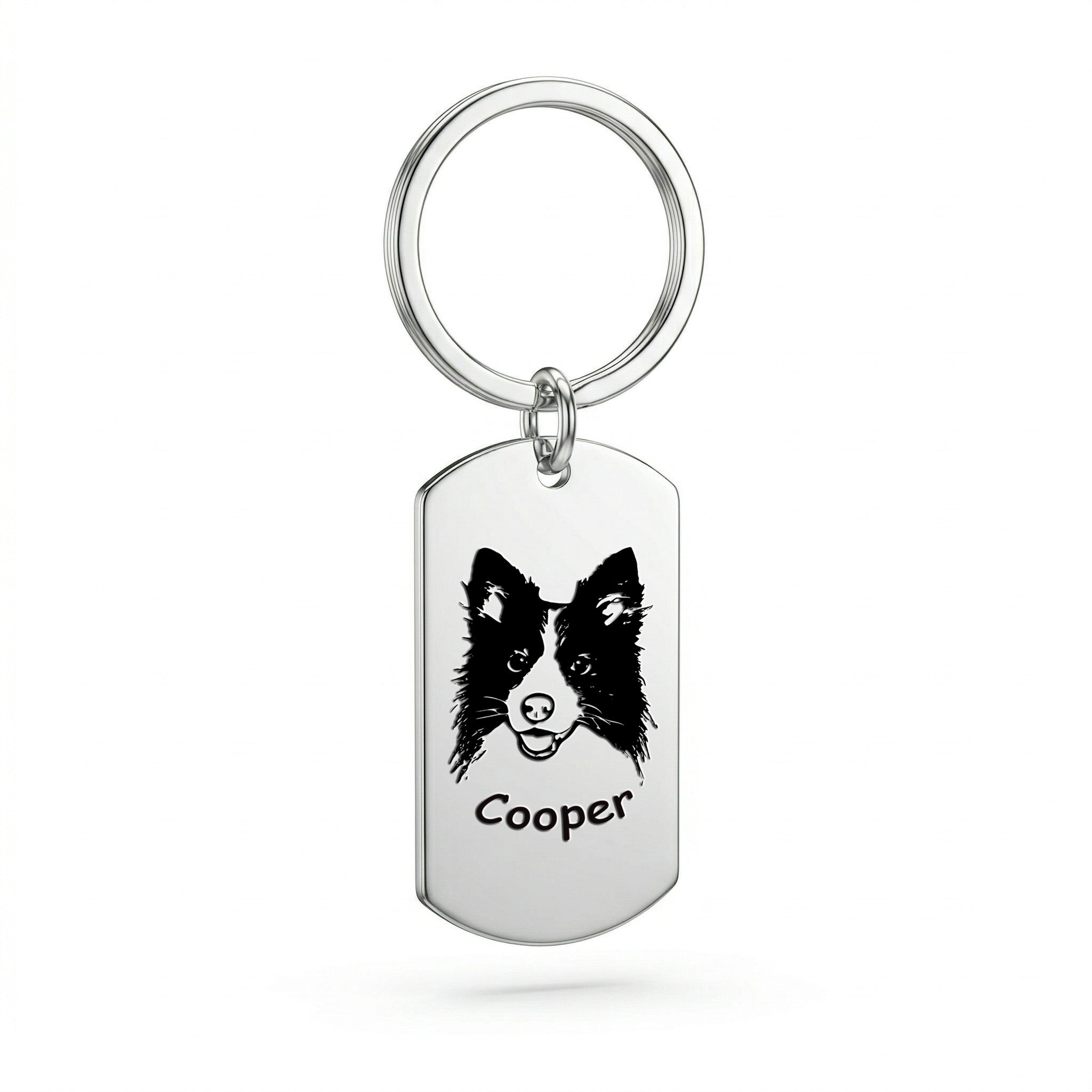 Rhodium plated pet portrait dog tag keychain isolate on pure white, hand-drawn engraving detail