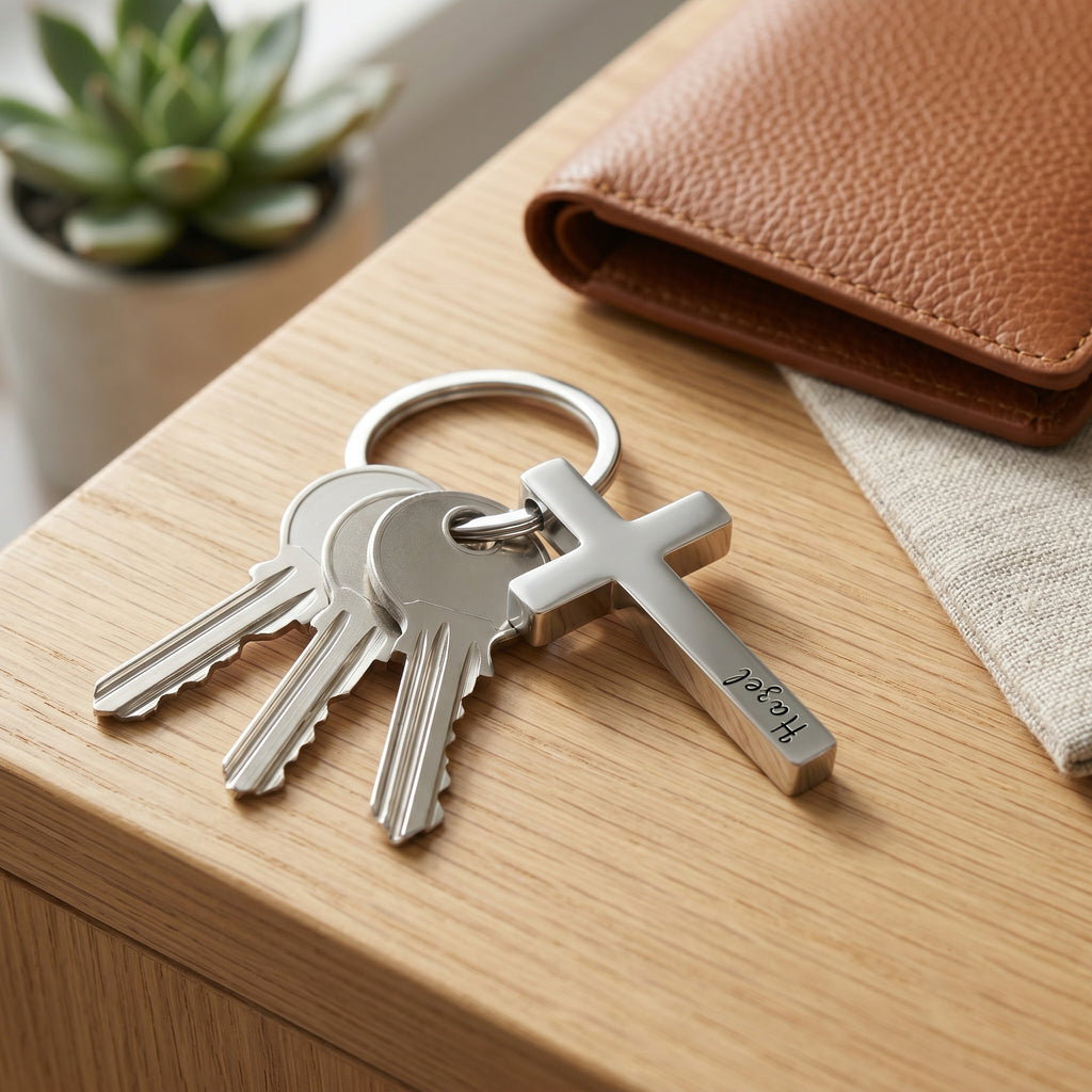 Rhodium pet cross keychain staged with keys and a brown wallet — everyday-carry pocket scene on neutral surface