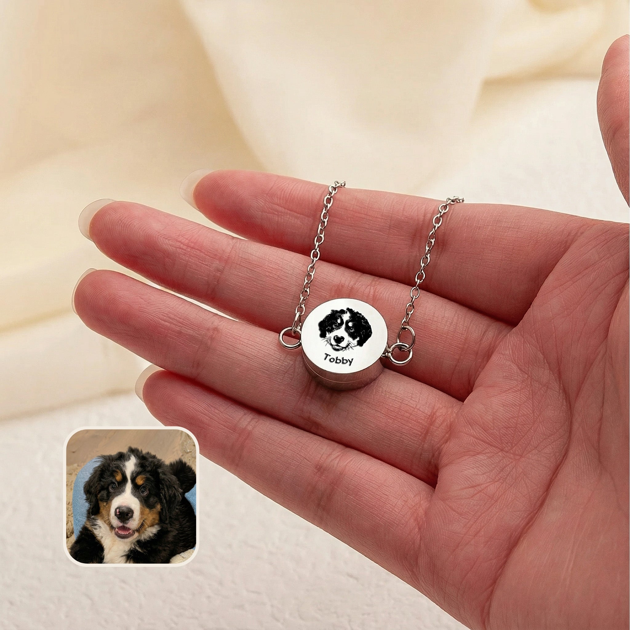 Rhodium silver pet photo locket bracelet with hand-drawn dog portrait, shown across an open palm