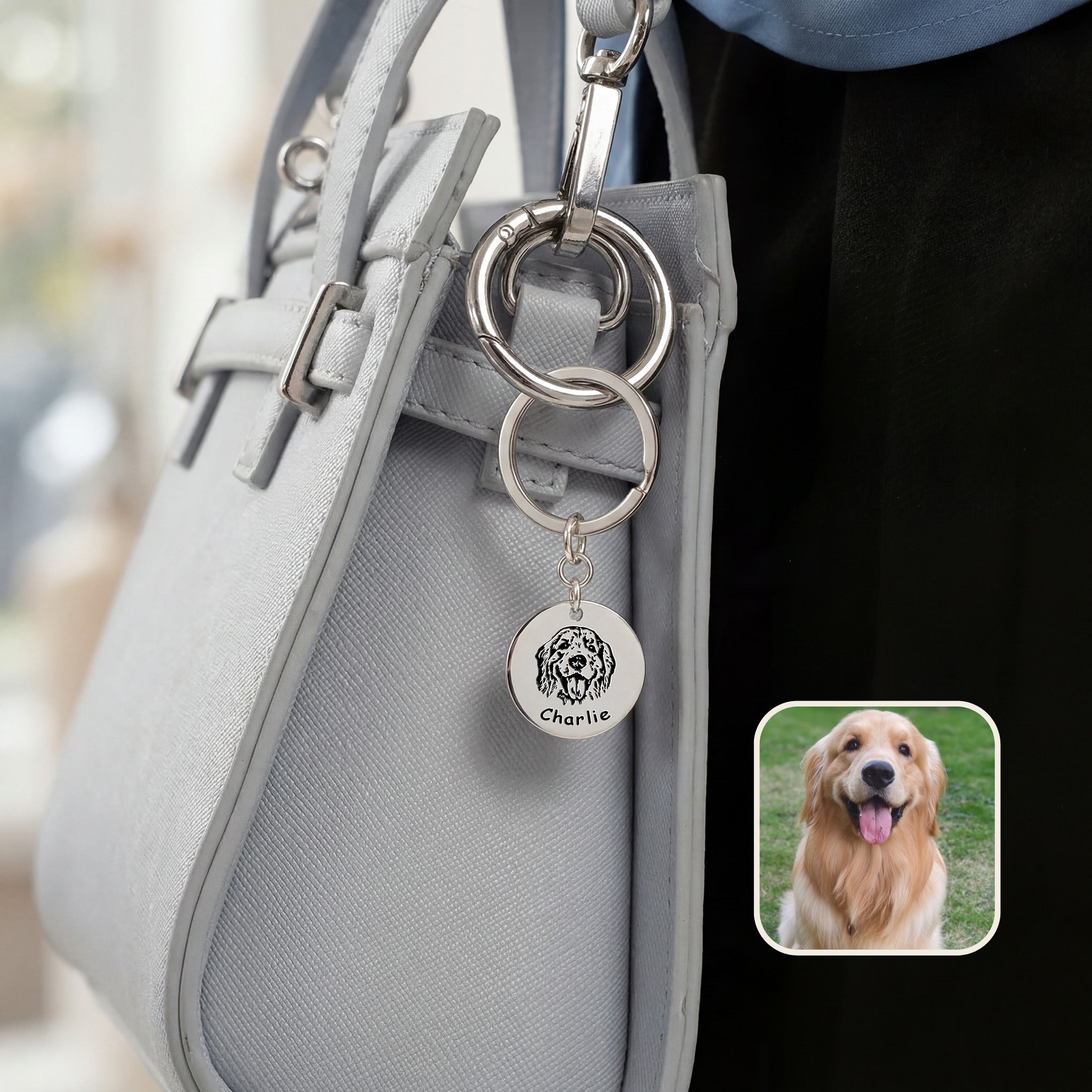 Rhodium pet face keychain with flat-lay styling