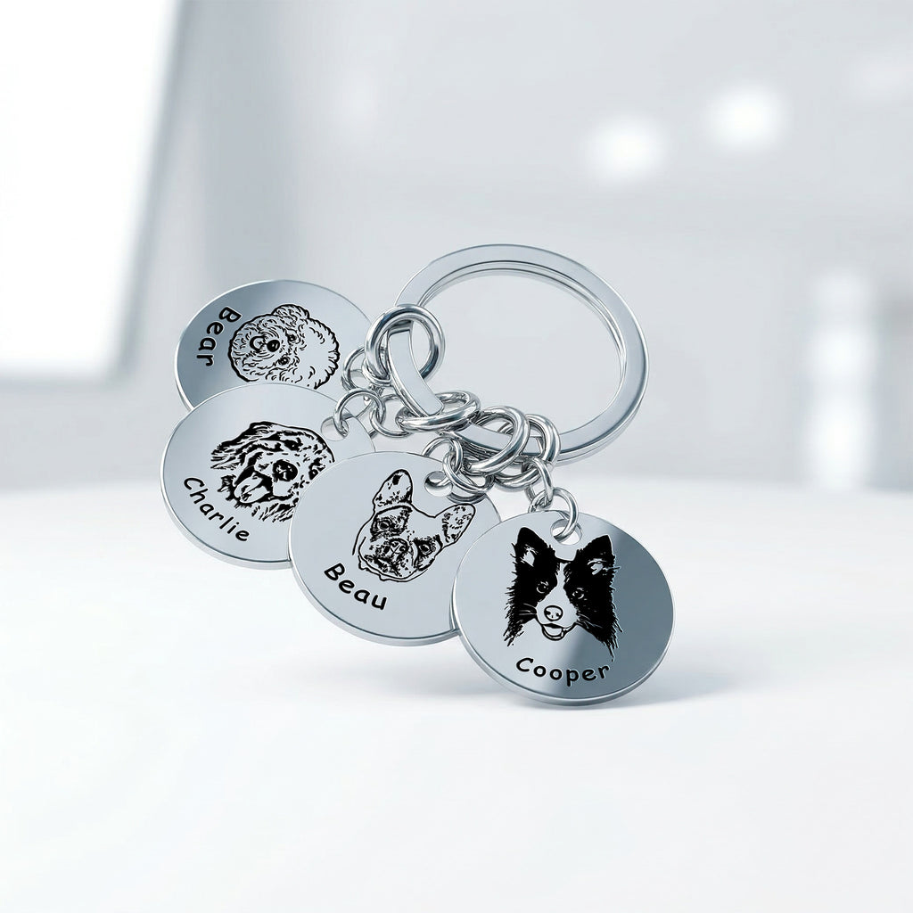 Rhodium pet face keychain with pet photo reference shown beside engraved disc