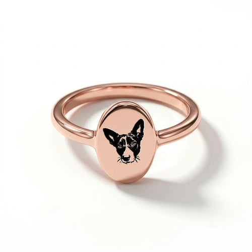 Rose gold oval signet ring, a hand-drawn pet portrait centered on the polished oval face, slim round band, white studio background