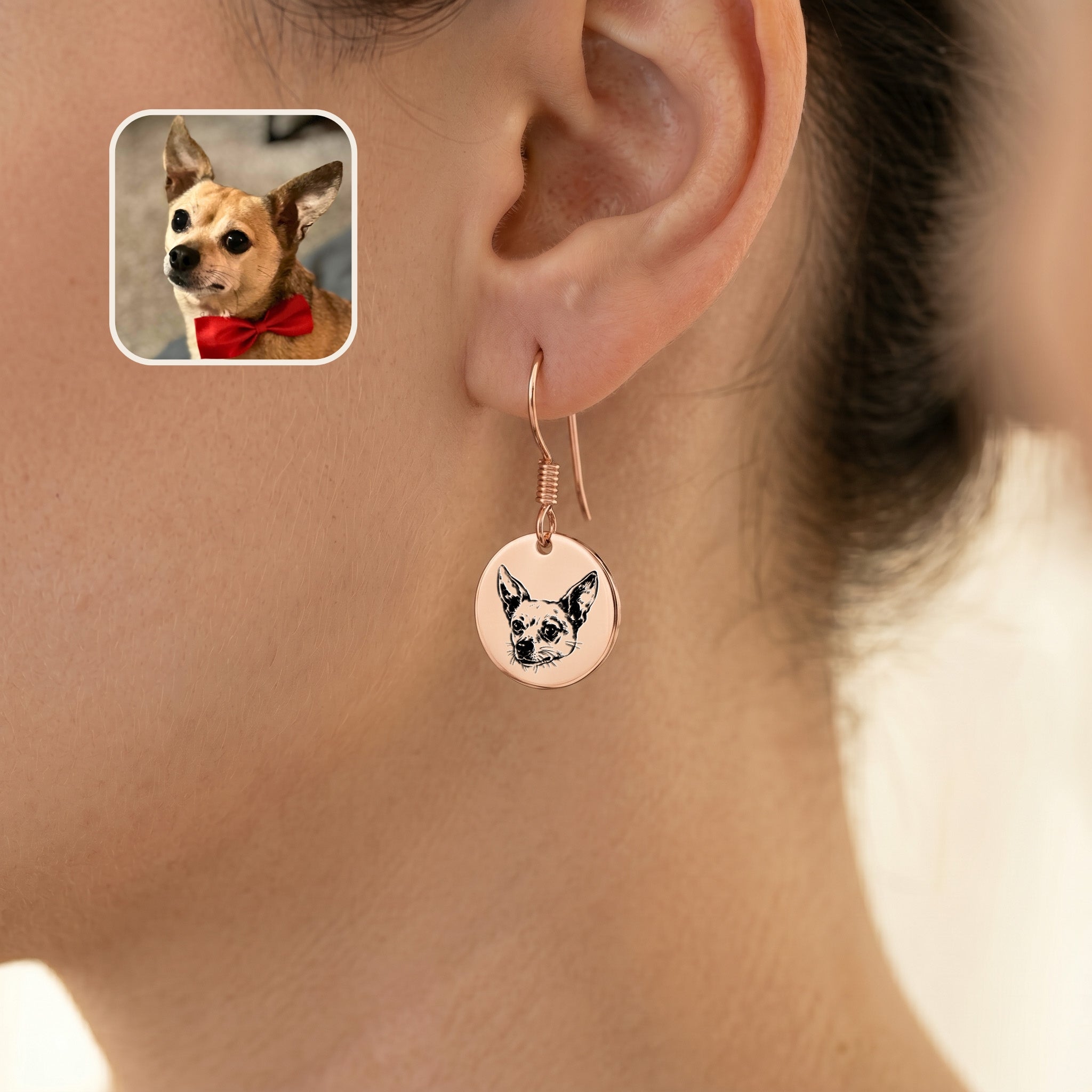 Single rose-gold portrait drop earring worn on one ear, with a small inset photo of the chihuahua