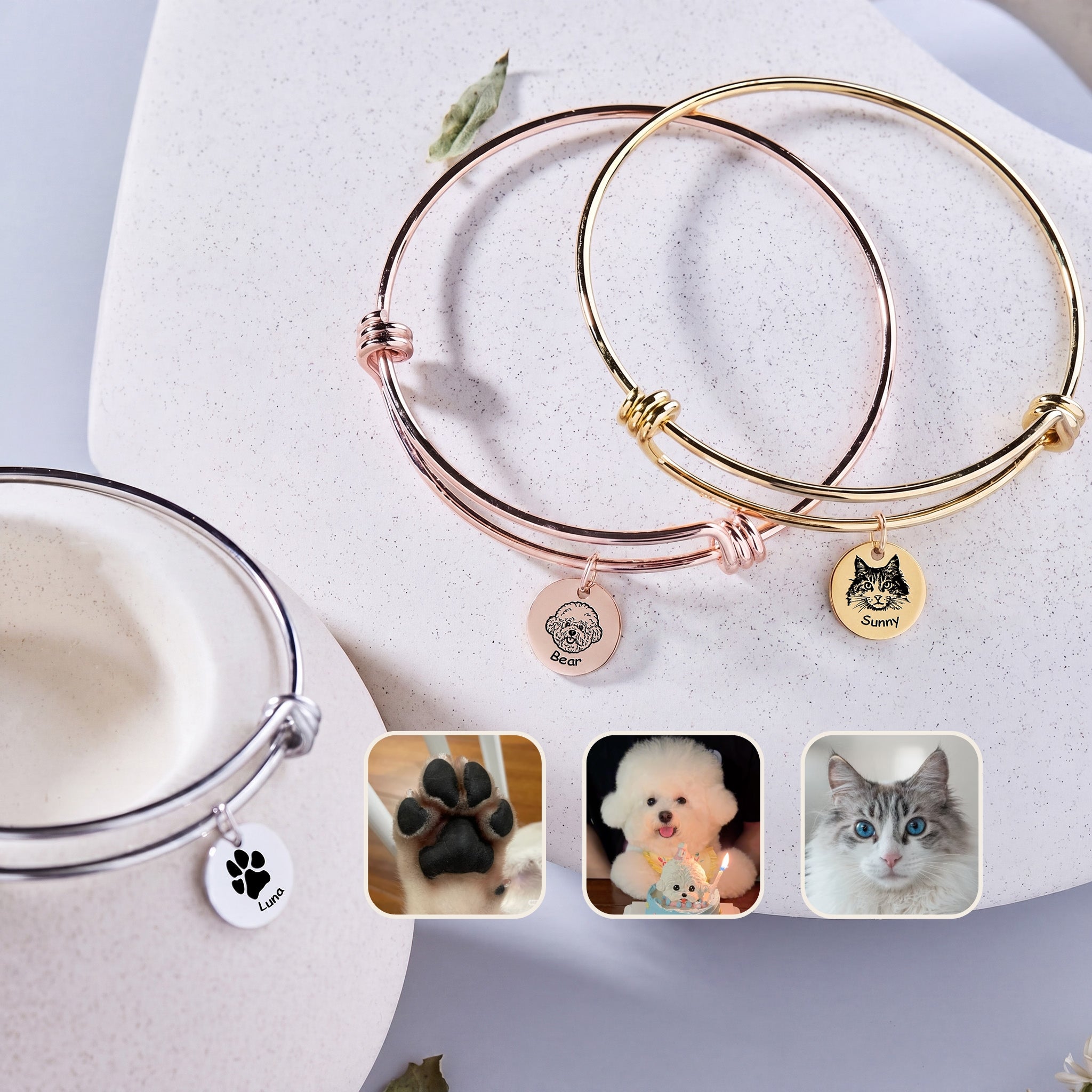 Pet portrait wire bracelet in 18K gold, 18K rose gold, and rhodium finishes with hand-drawn portrait disc charms