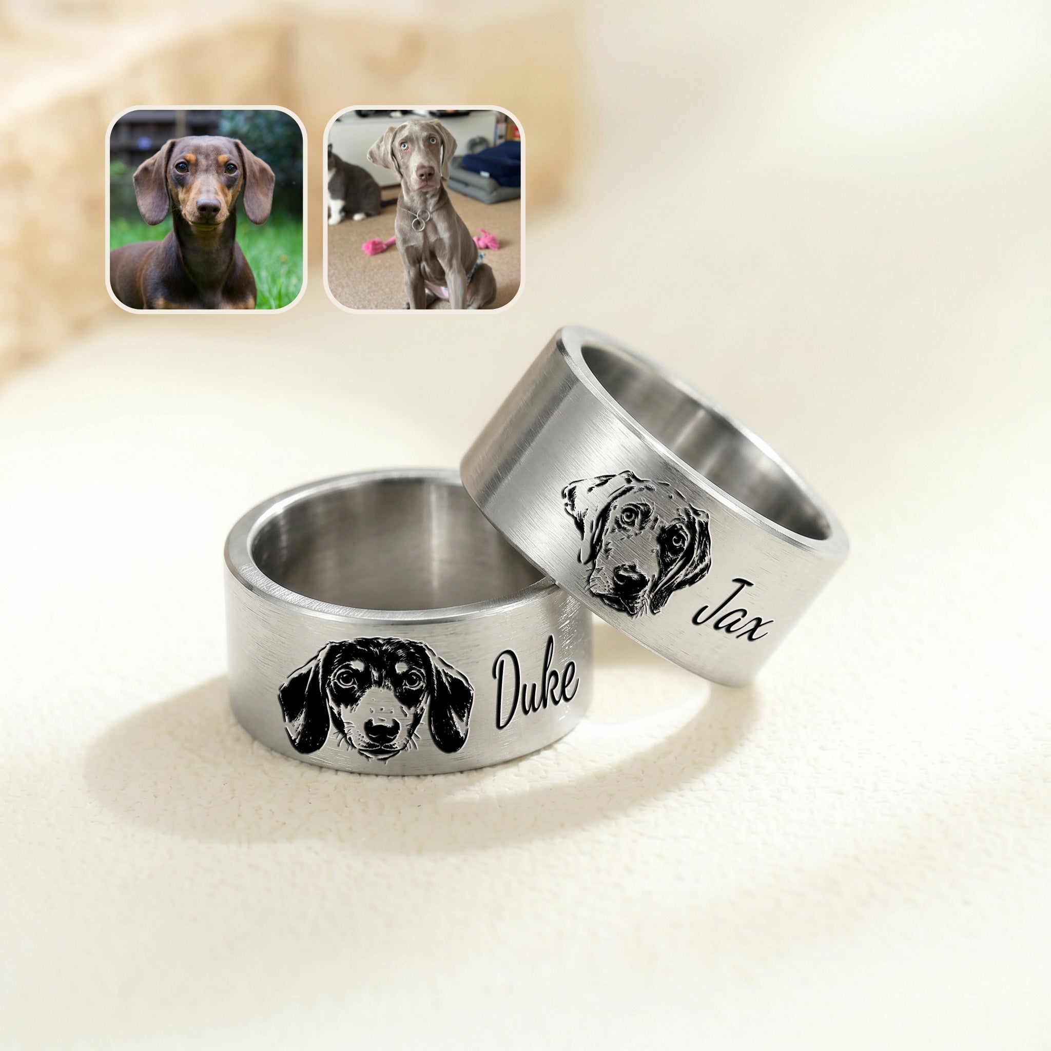 Two silver wide band pet rings on cream fabric, engraved with a hand-drawn portrait and a script name, beside reference photos