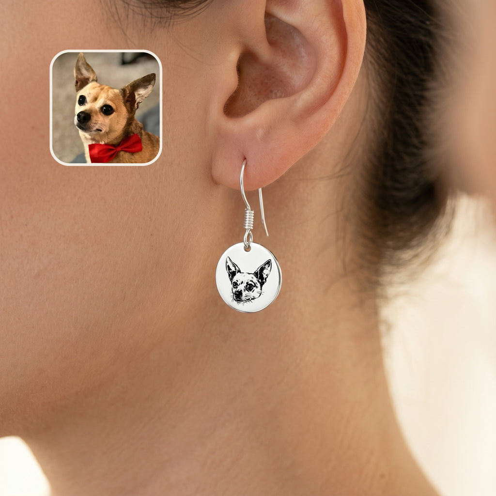 Single silver portrait drop earring worn on one ear, with a small inset photo of the chihuahua