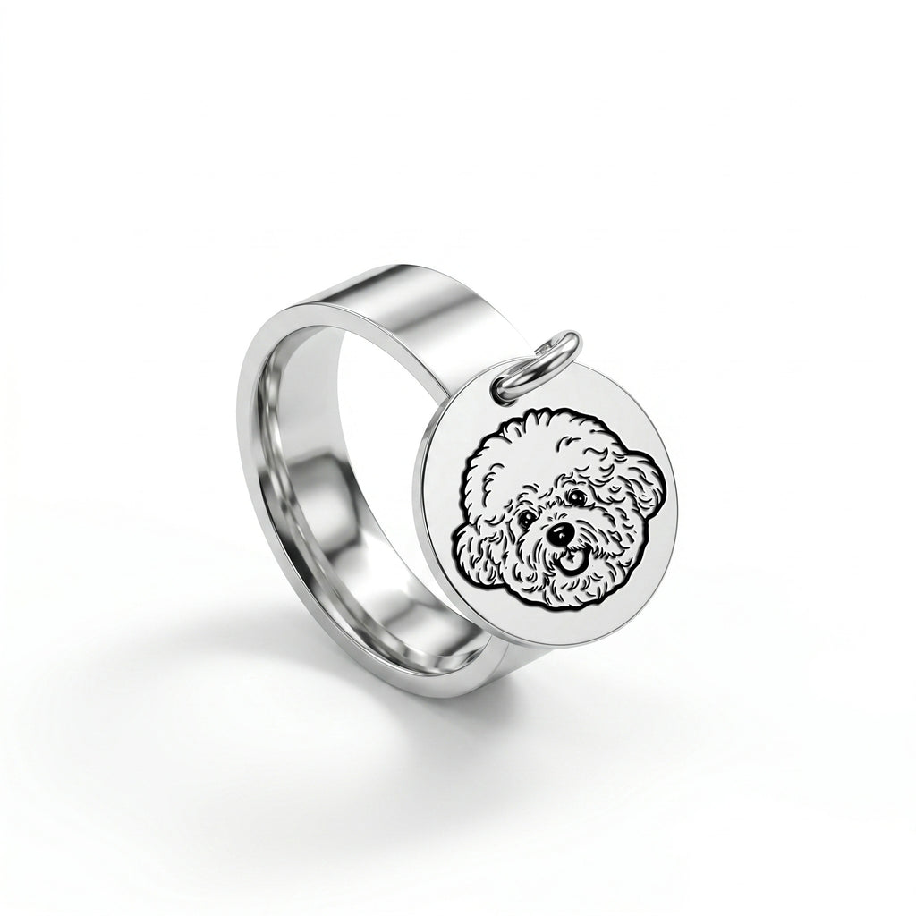 Silver-tone disc-charm ring with a hand-drawn pet portrait, isolated on a plain white background