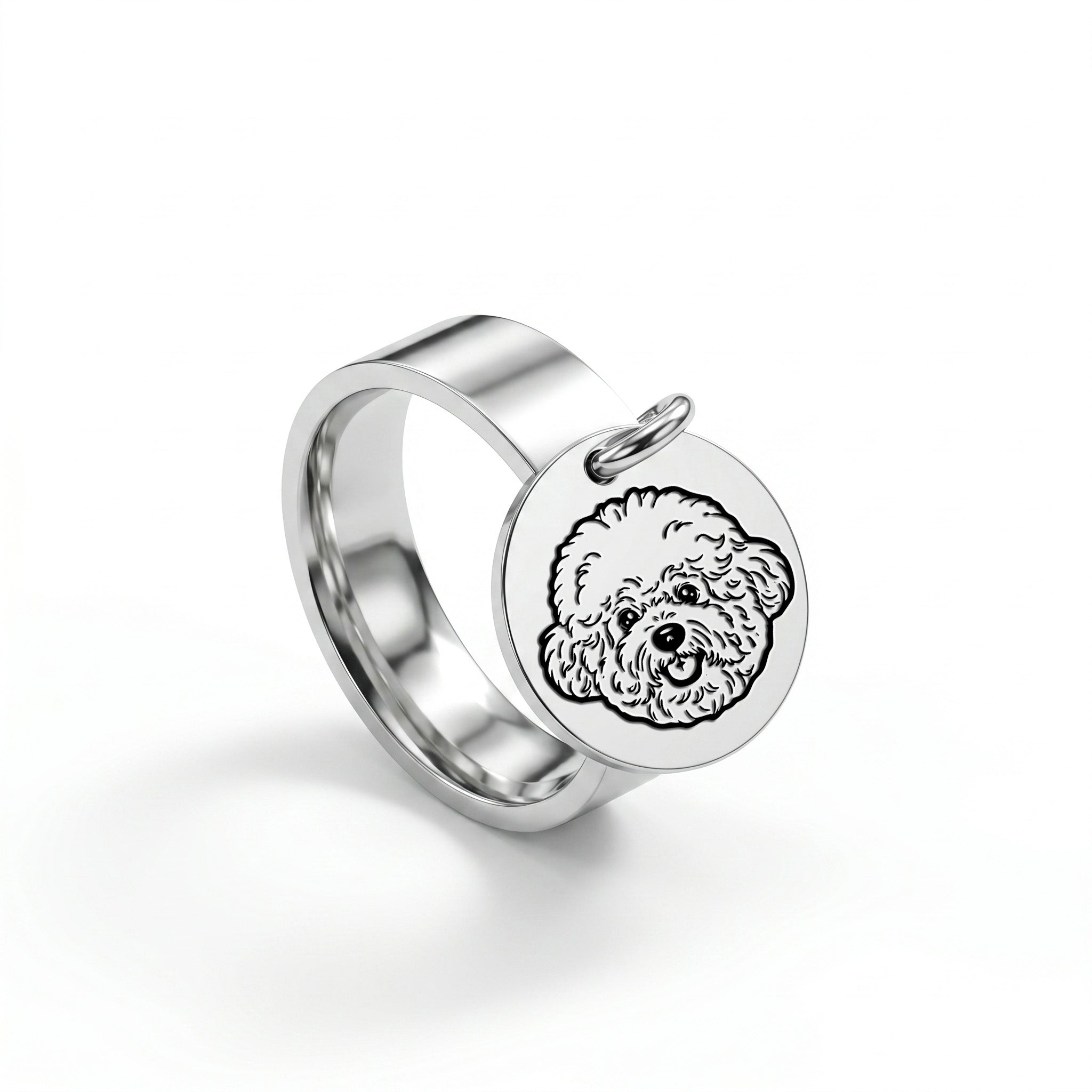 Silver-tone disc-charm ring with a hand-drawn pet portrait, isolated on a plain white background