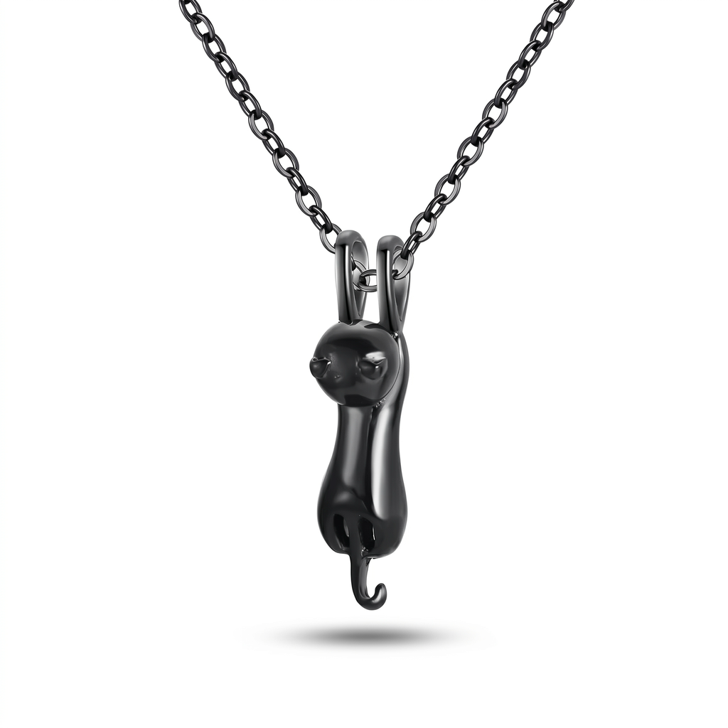 Black plated cat urn pendant necklace on cable chain, single product shot