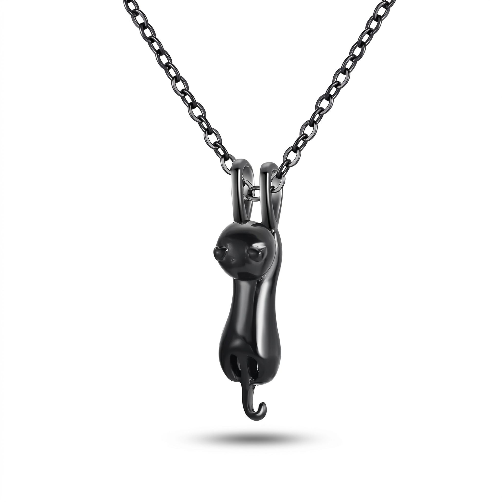Black plated cat urn pendant necklace on cable chain, single product shot