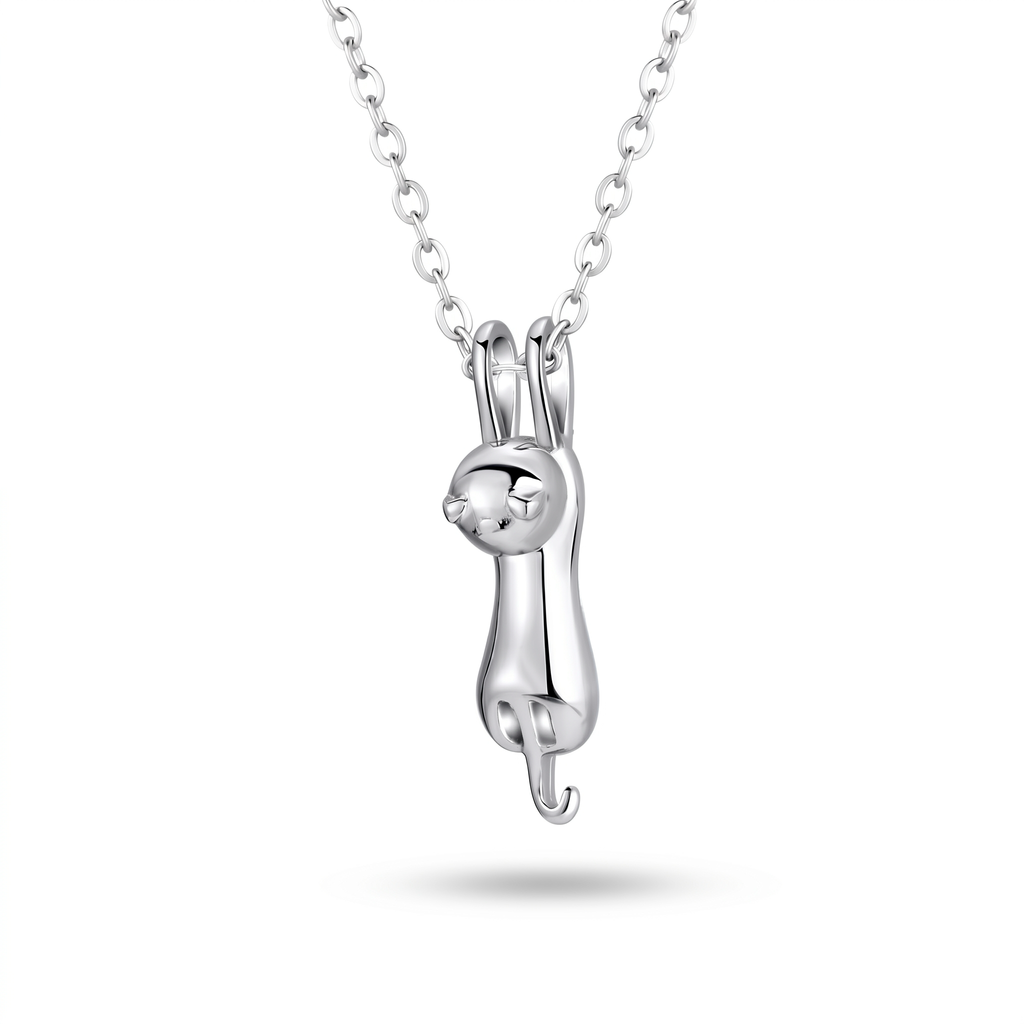 Rhodium-plated cat urn pendant necklace on cable chain, single product shot