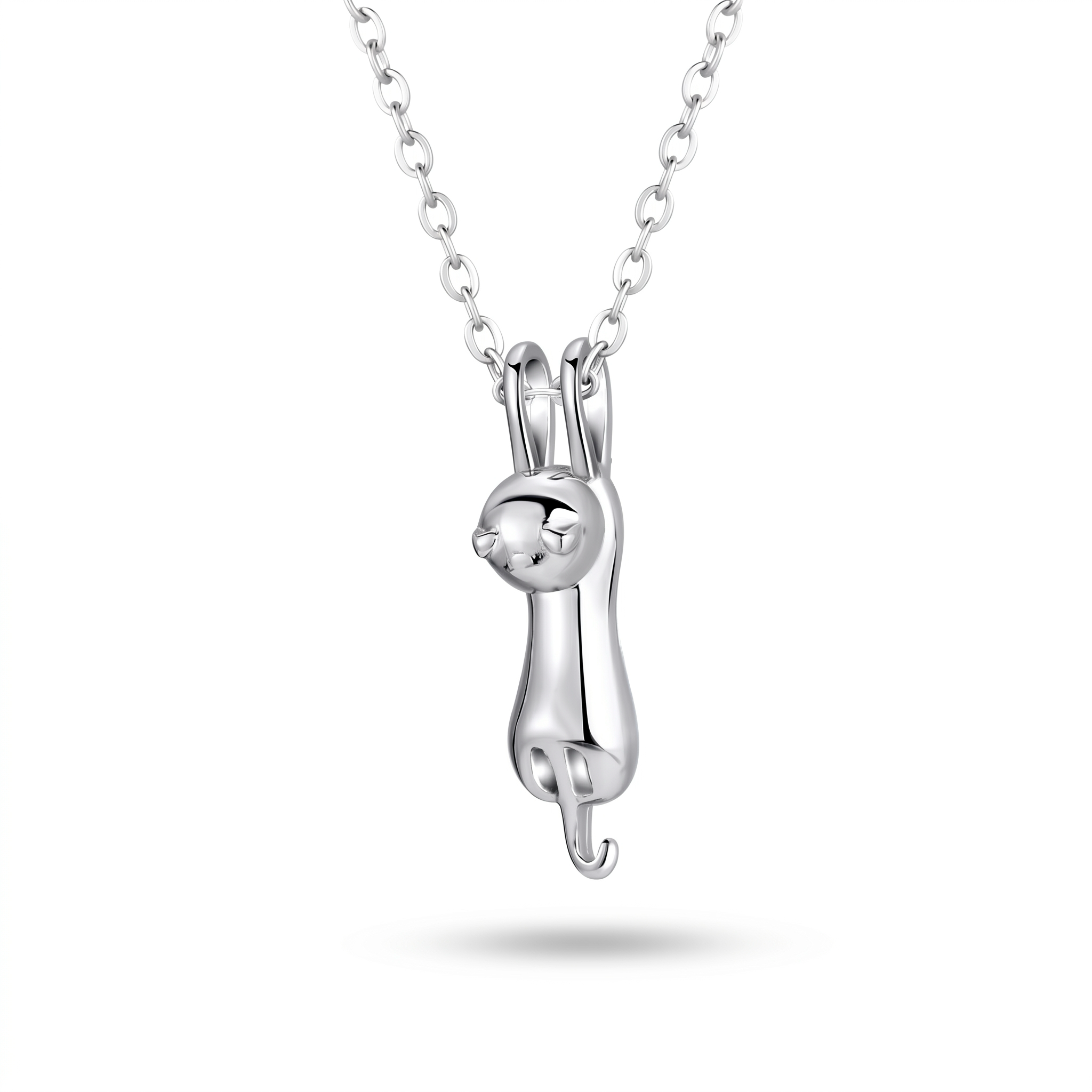 Rhodium-plated cat urn pendant necklace on cable chain, single product shot