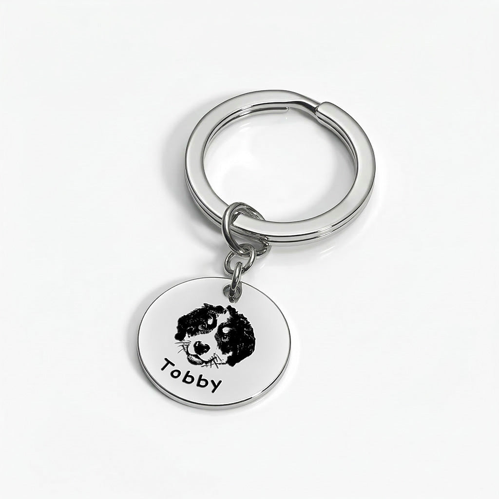Rhodium pet face keychain — round disc with hand-drawn pet portrait engraved, 30mm split key ring