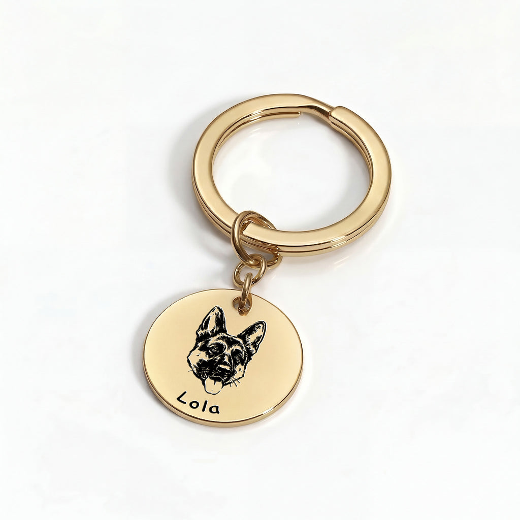 18k yellow gold pet face keychain — round disc with hand-drawn pet portrait engraved on surgical steel