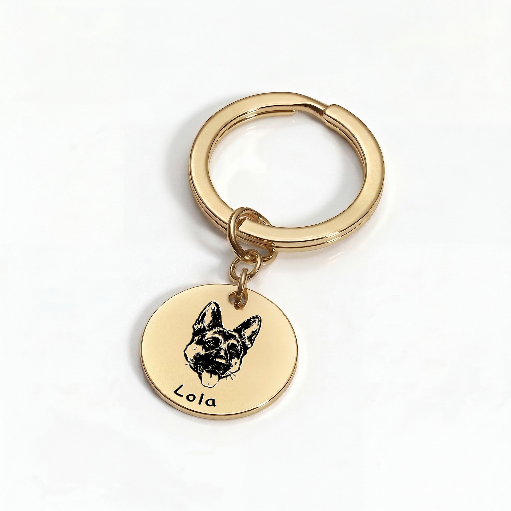 18k yellow gold pet face keychain — round disc with hand-drawn pet portrait engraved on surgical steel