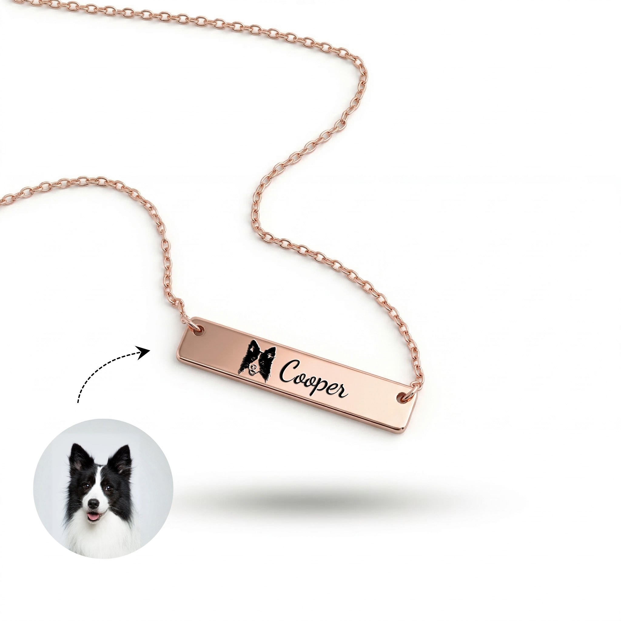 Rose gold pet portrait bar necklace with hand-drawn portrait and name engraving on white background