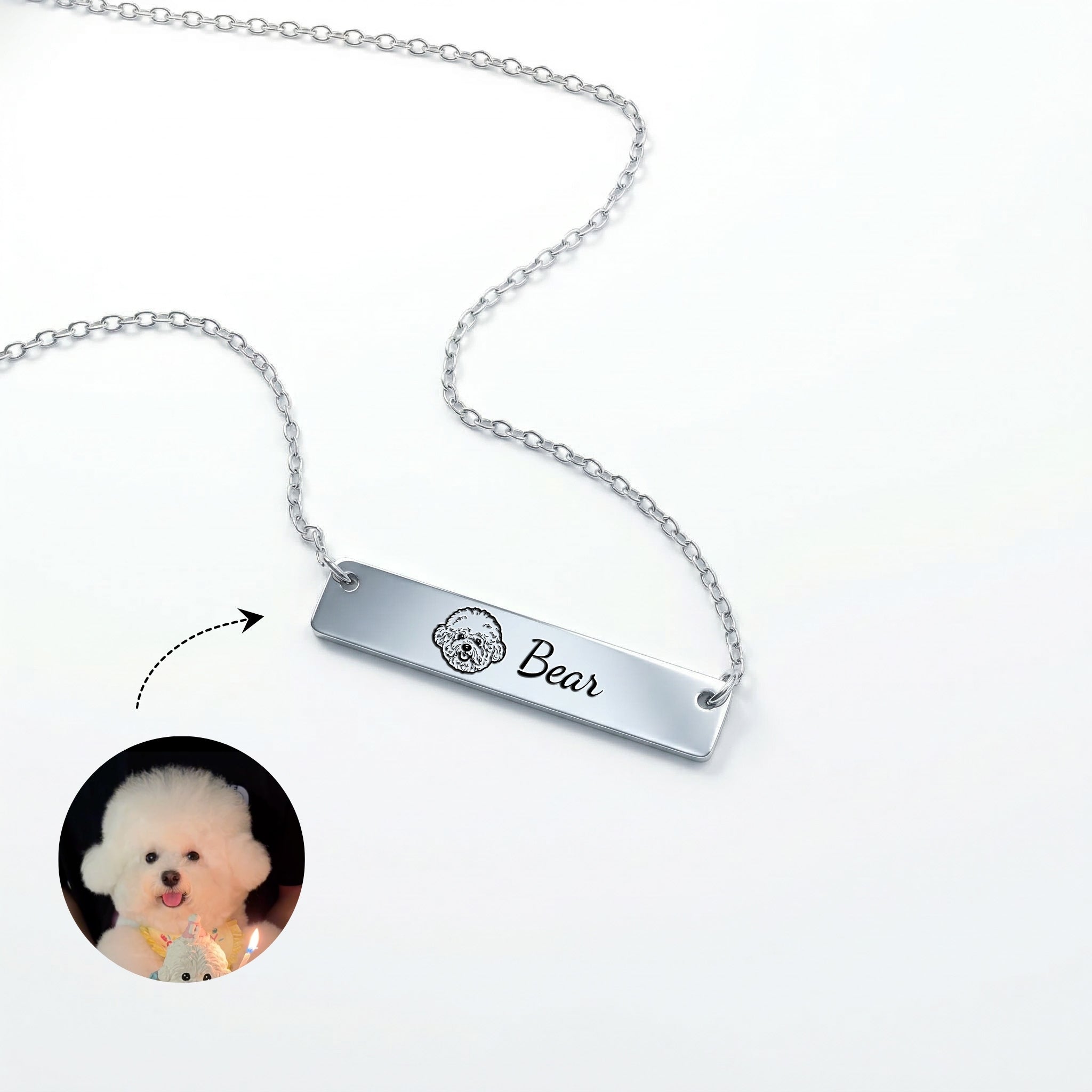 Silver pet portrait bar necklace with hand-drawn portrait and name engraving on white background