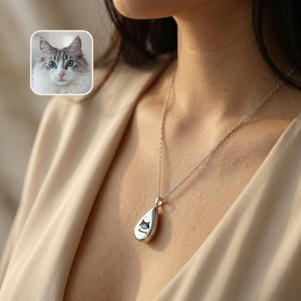 Silver rhodium teardrop pet photo urn necklace with hand-drawn portrait, close-up product shot