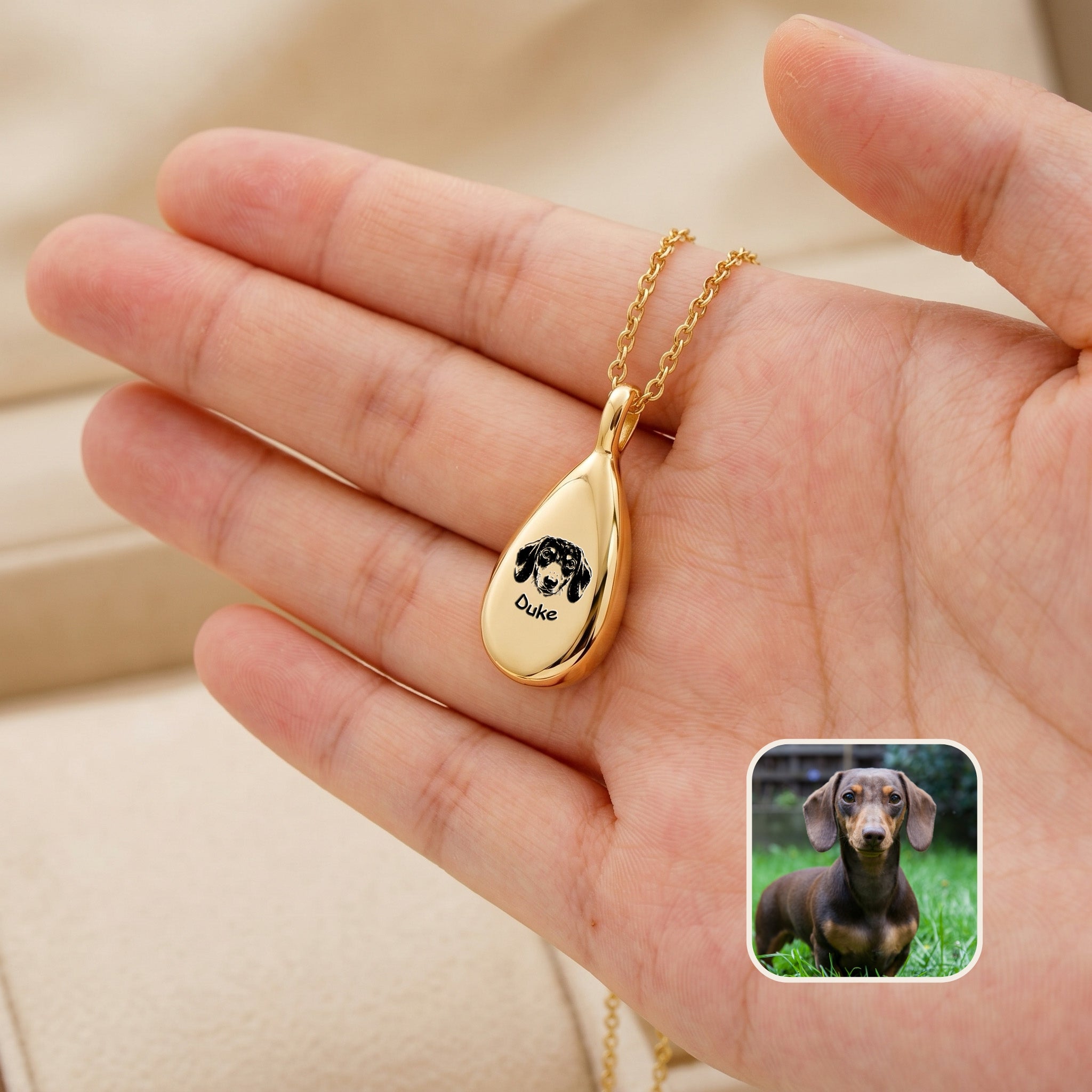 Gold teardrop pet photo urn necklace with hand-drawn dog portrait and name, held in hand with inset photo