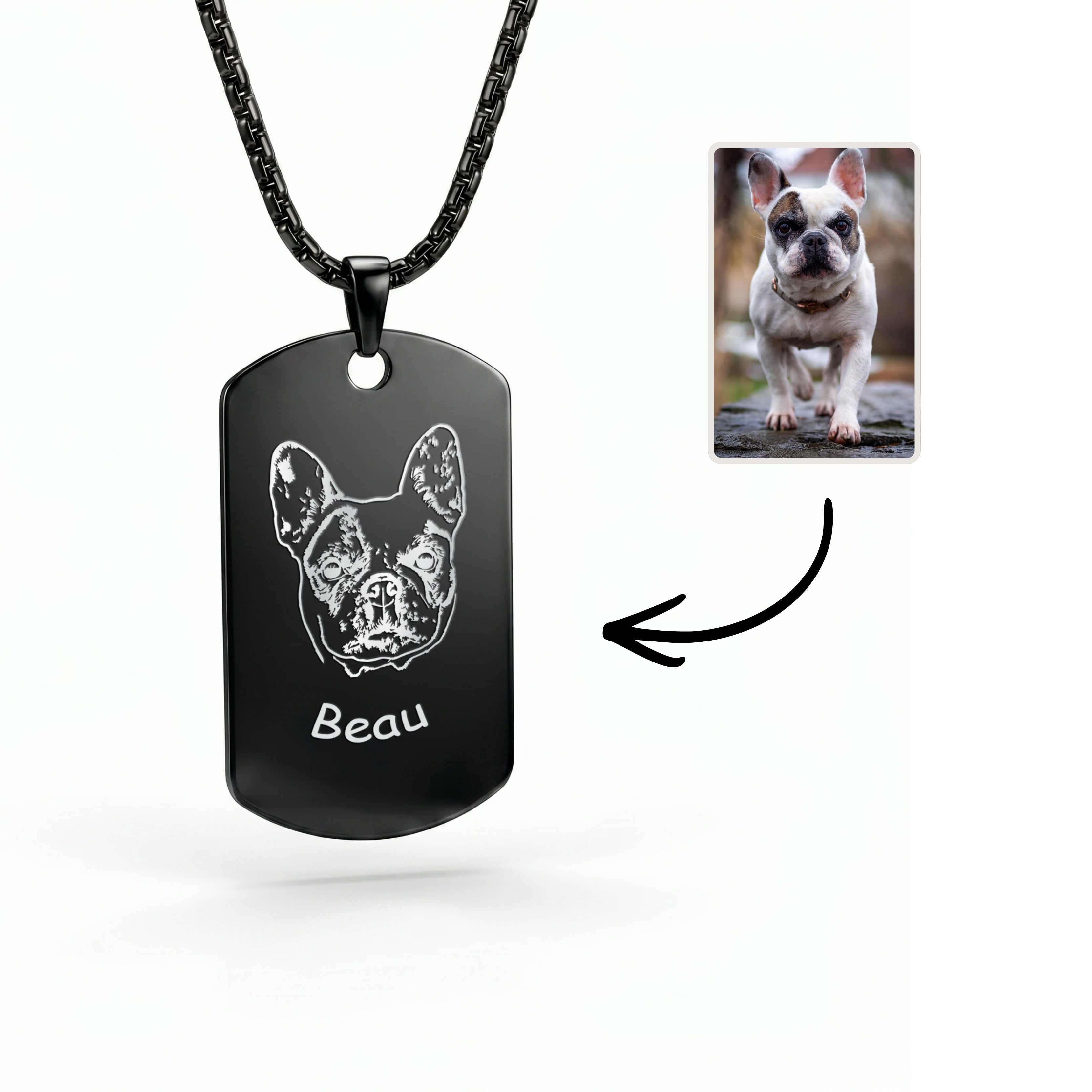 Black plated dog tag pendant necklace with hand-drawn French Bulldog portrait and name on box chain