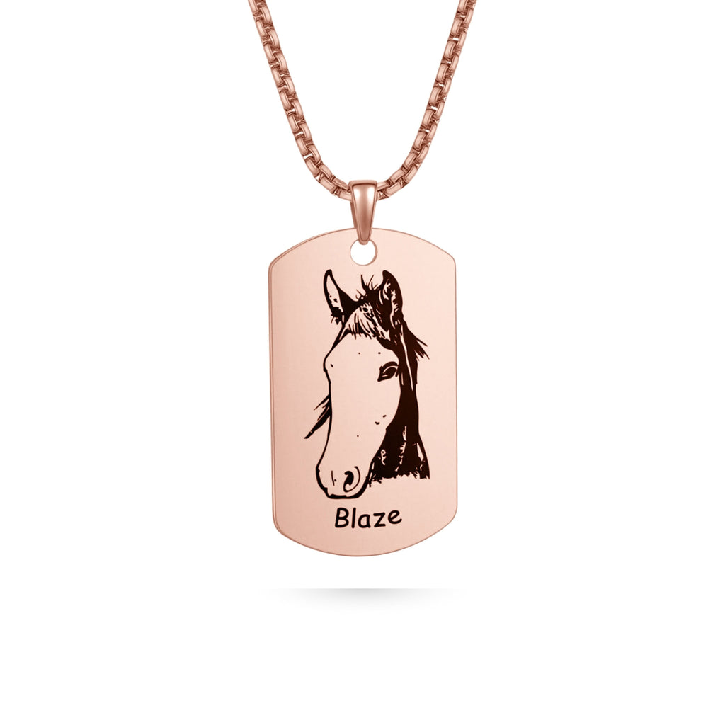 Rose gold dog tag shaped pendant necklace with laser-engraved pet portrait on white background