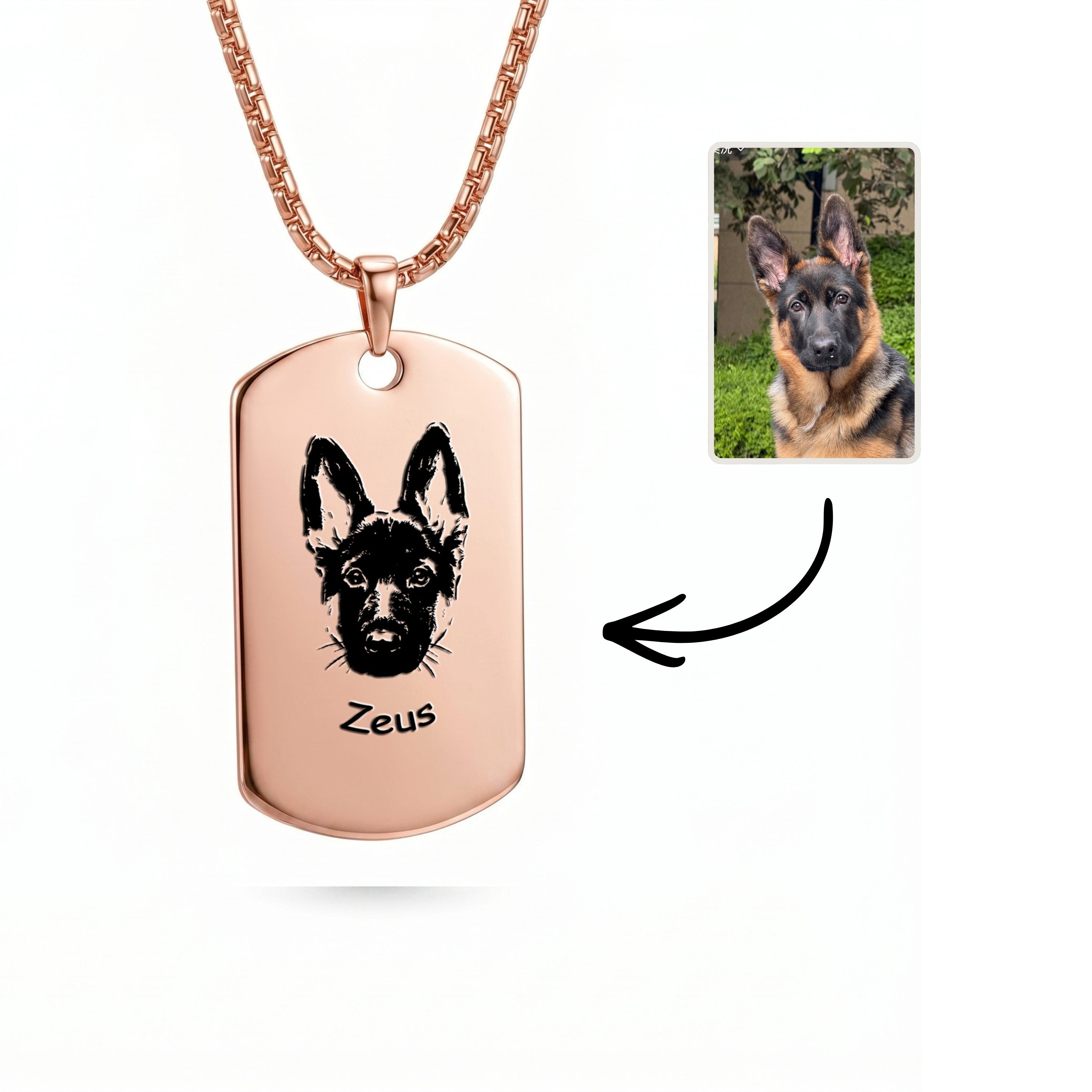 Rose gold dog tag pendant necklace with hand-drawn German Shepherd portrait and name on box chain