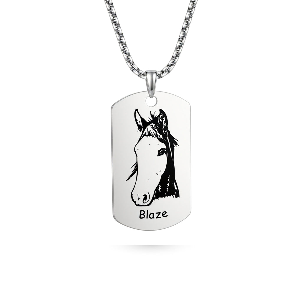 Silver dog tag shaped pendant necklace with laser-engraved pet portrait on white background