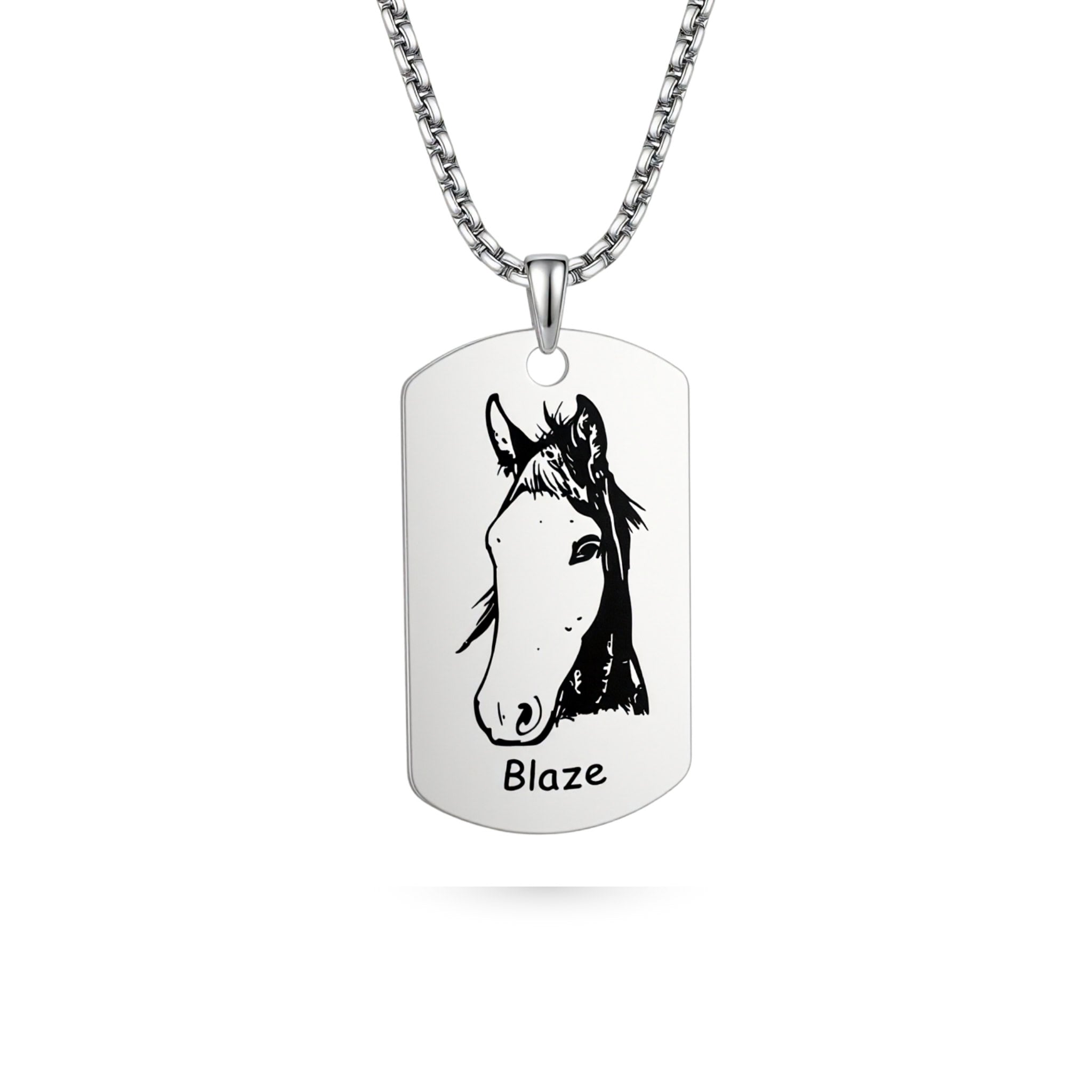 Silver dog tag shaped pendant necklace with laser-engraved pet portrait on white background