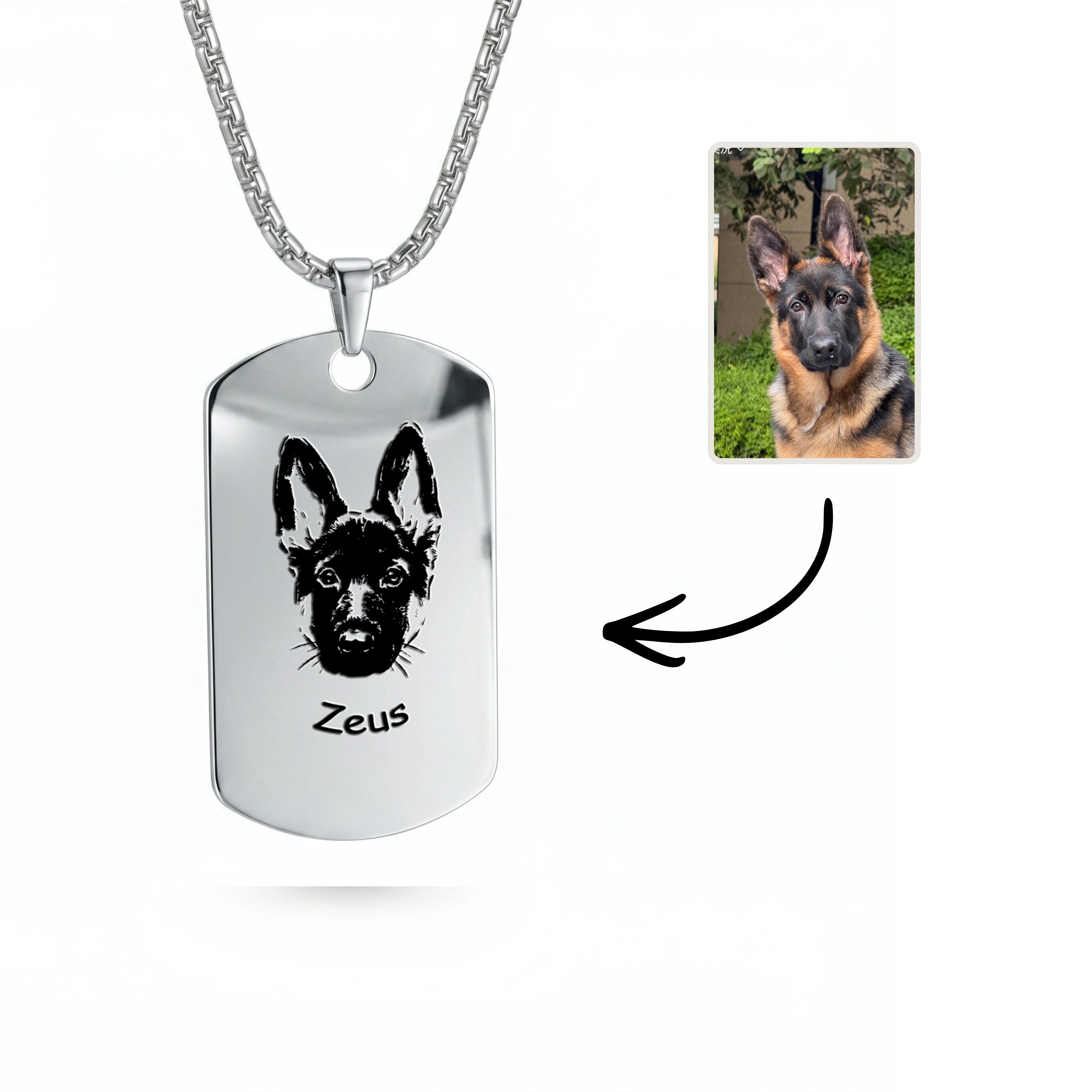 Rhodium plated dog tag pendant necklace with hand-drawn German Shepherd portrait and name on box chain