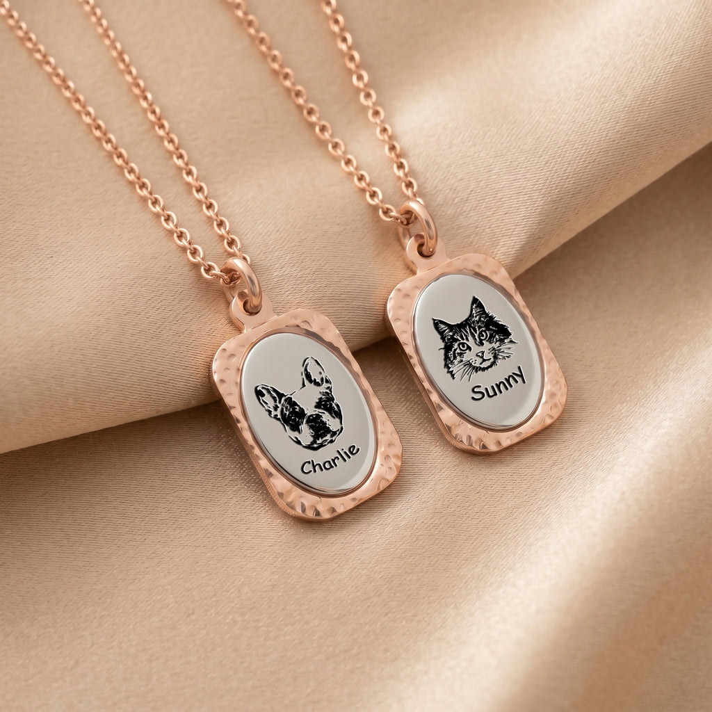 18K rose gold vintage tag pendant necklace with hand-drawn pet portrait and name on hammered frame