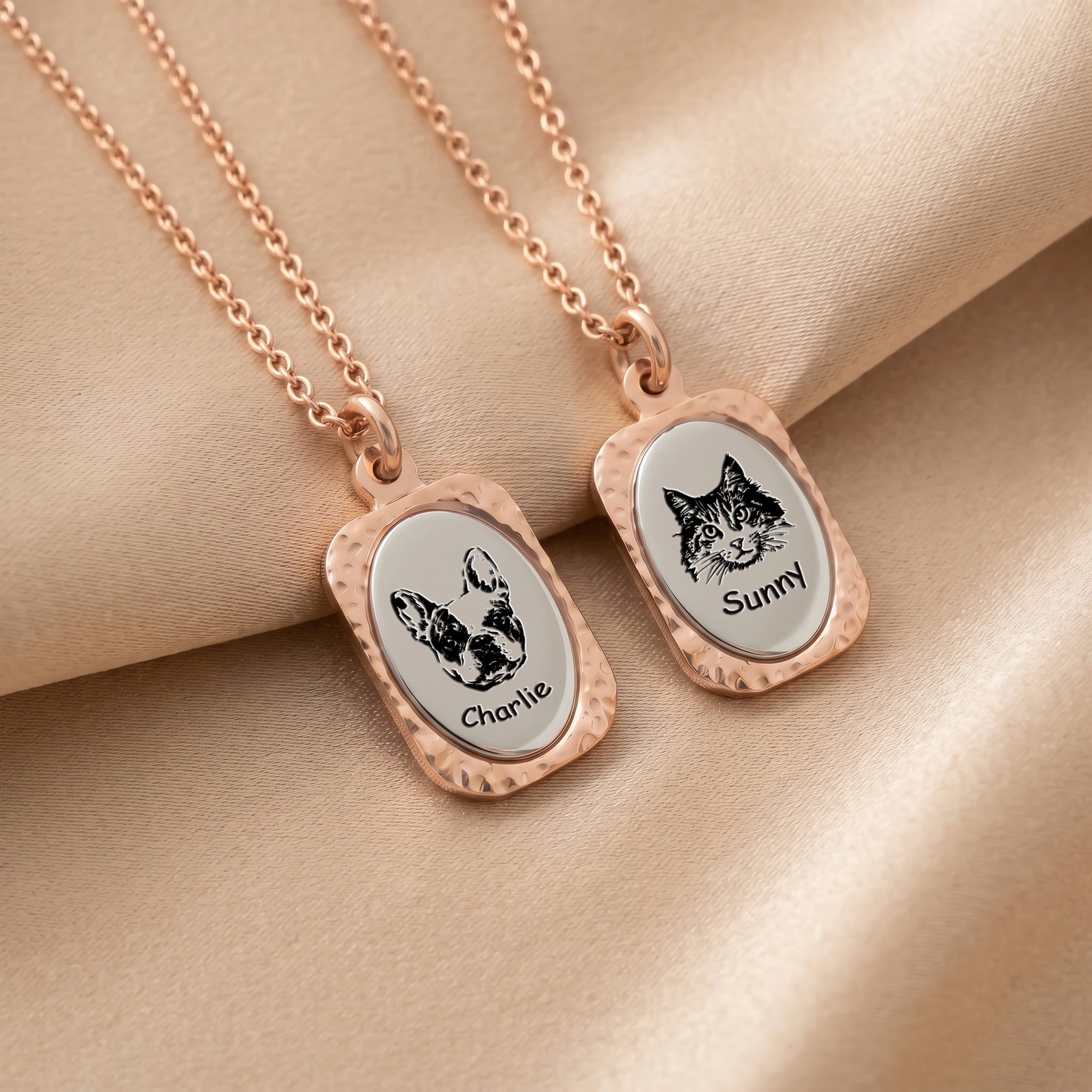 18K rose gold vintage tag pendant necklace with hand-drawn pet portrait and name on hammered frame