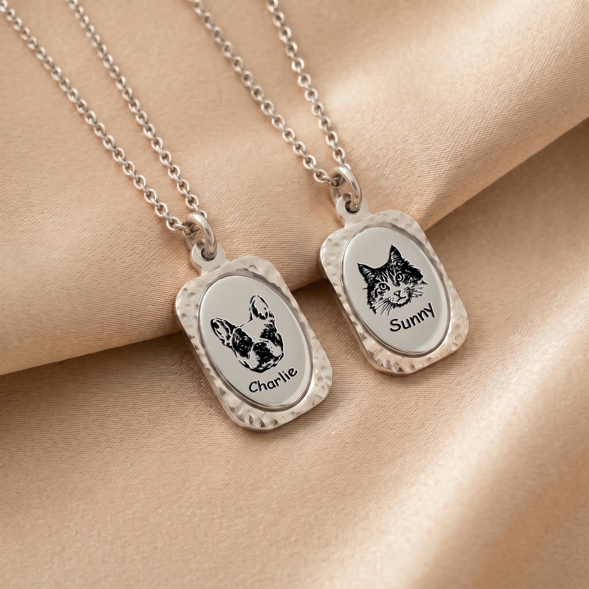 Rhodium plated vintage tag pendant necklace with hand-drawn pet portrait and name on hammered frame