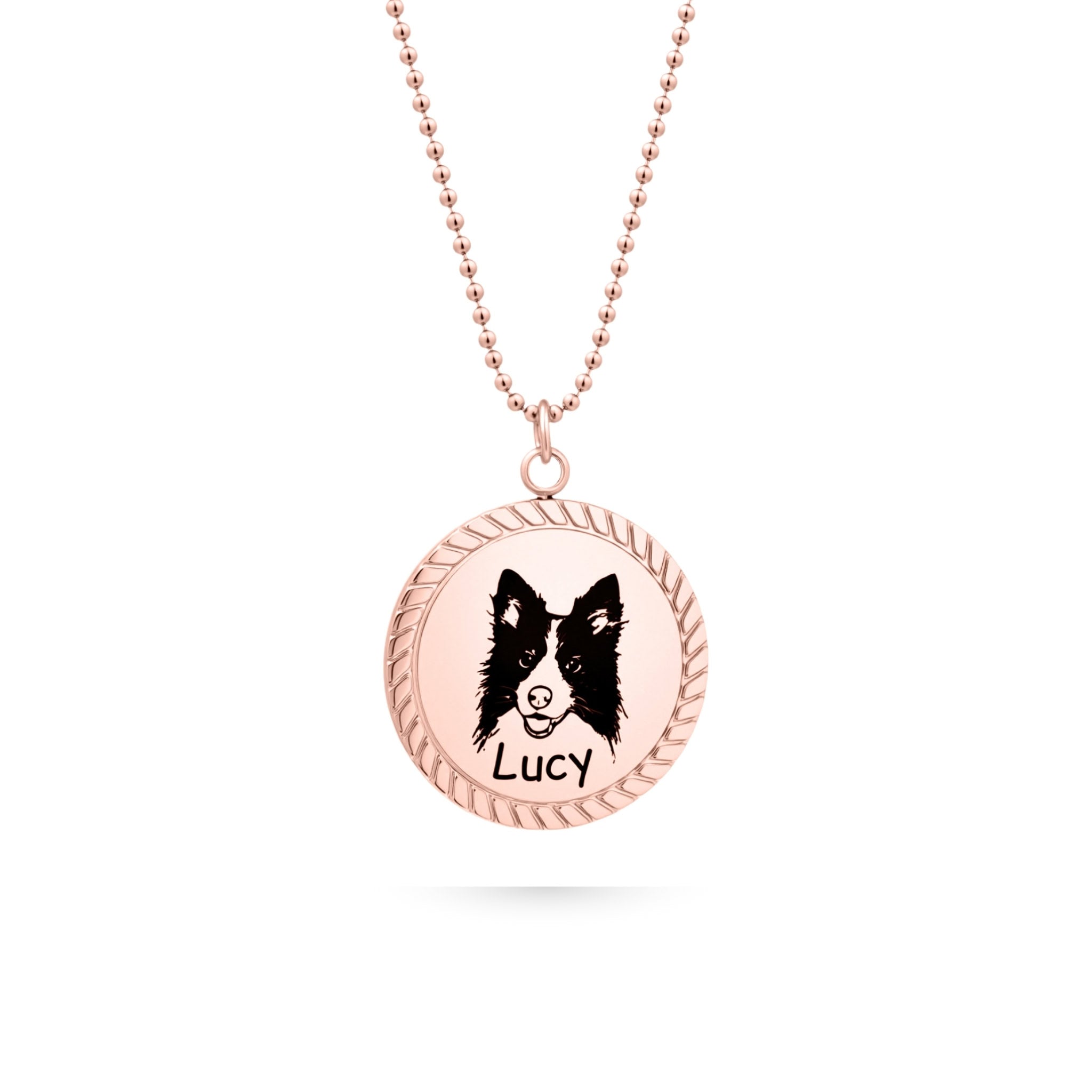 Rose gold rope edge disc pendant necklace with laser-engraved portrait on white background