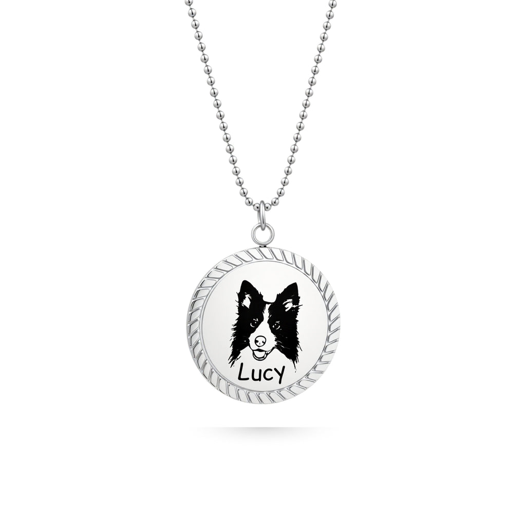 Silver rope edge disc pendant necklace with laser-engraved portrait on white background