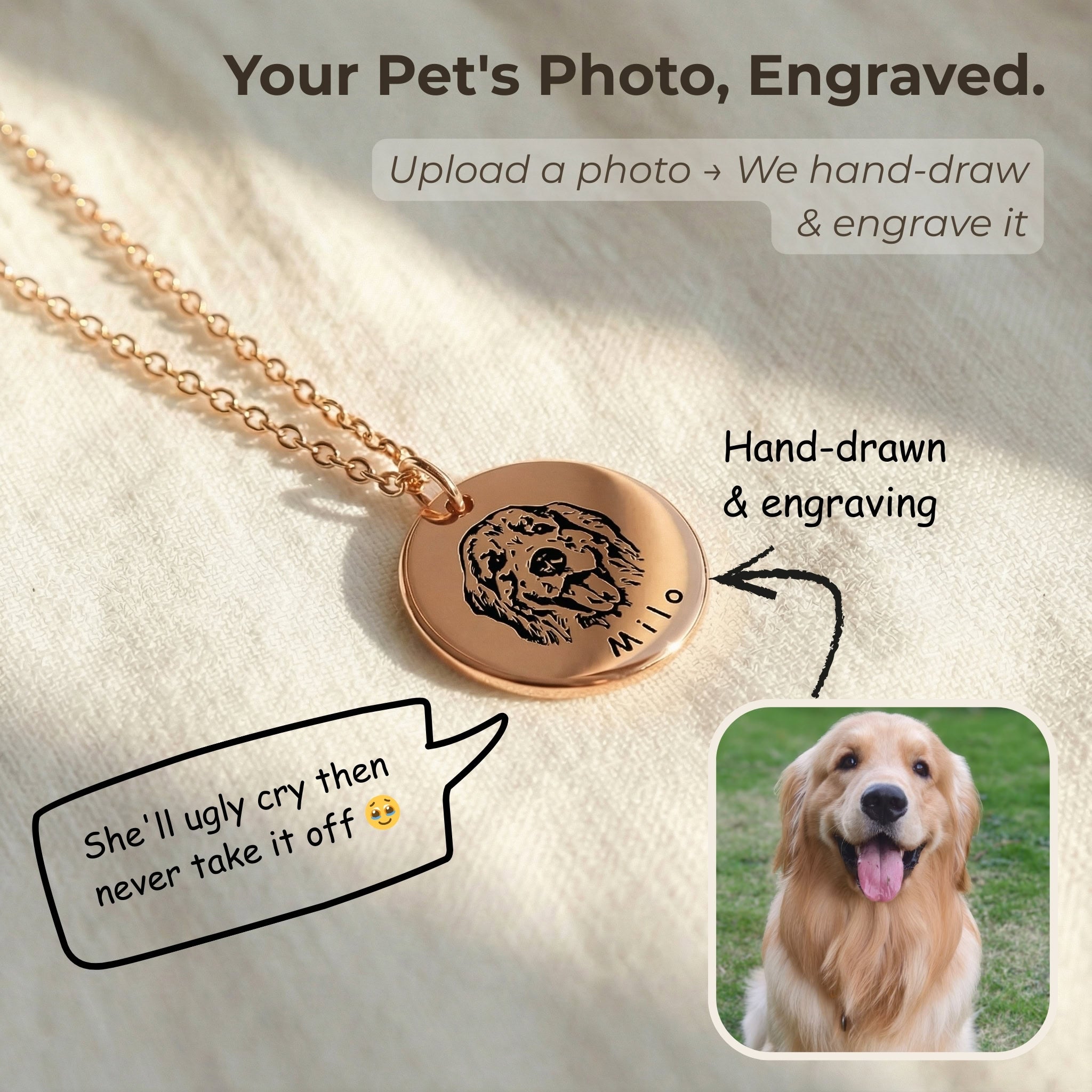 Rose gold pet face disc pendant necklace with hand-drawn portrait engraving on light fabric