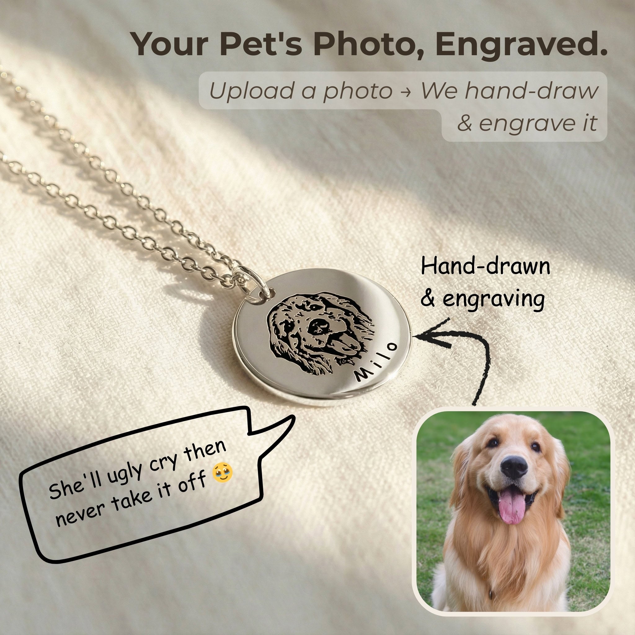 Silver pet face disc pendant necklace with hand-drawn portrait engraving on light fabric