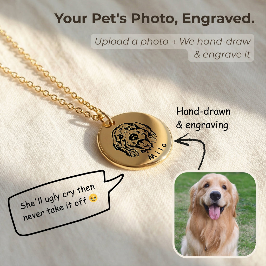 Gold pet face disc pendant necklace with hand-drawn portrait engraving on light fabric