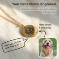 Gold pet face disc pendant necklace with hand-drawn portrait engraving on light fabric