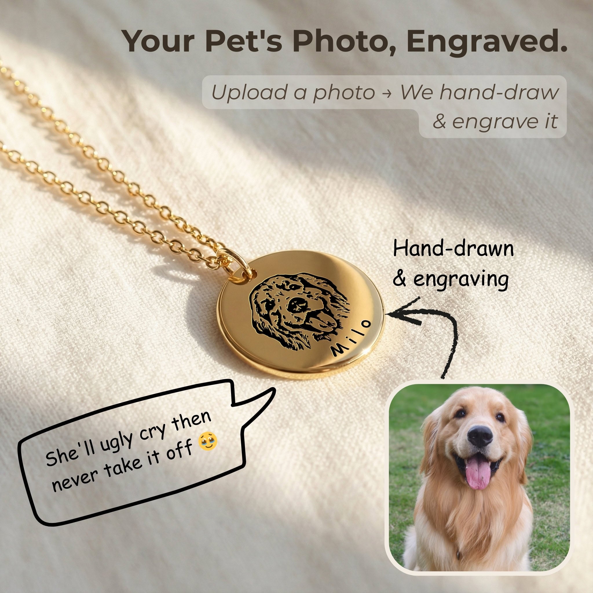 Gold pet face disc pendant necklace with hand-drawn portrait engraving on light fabric