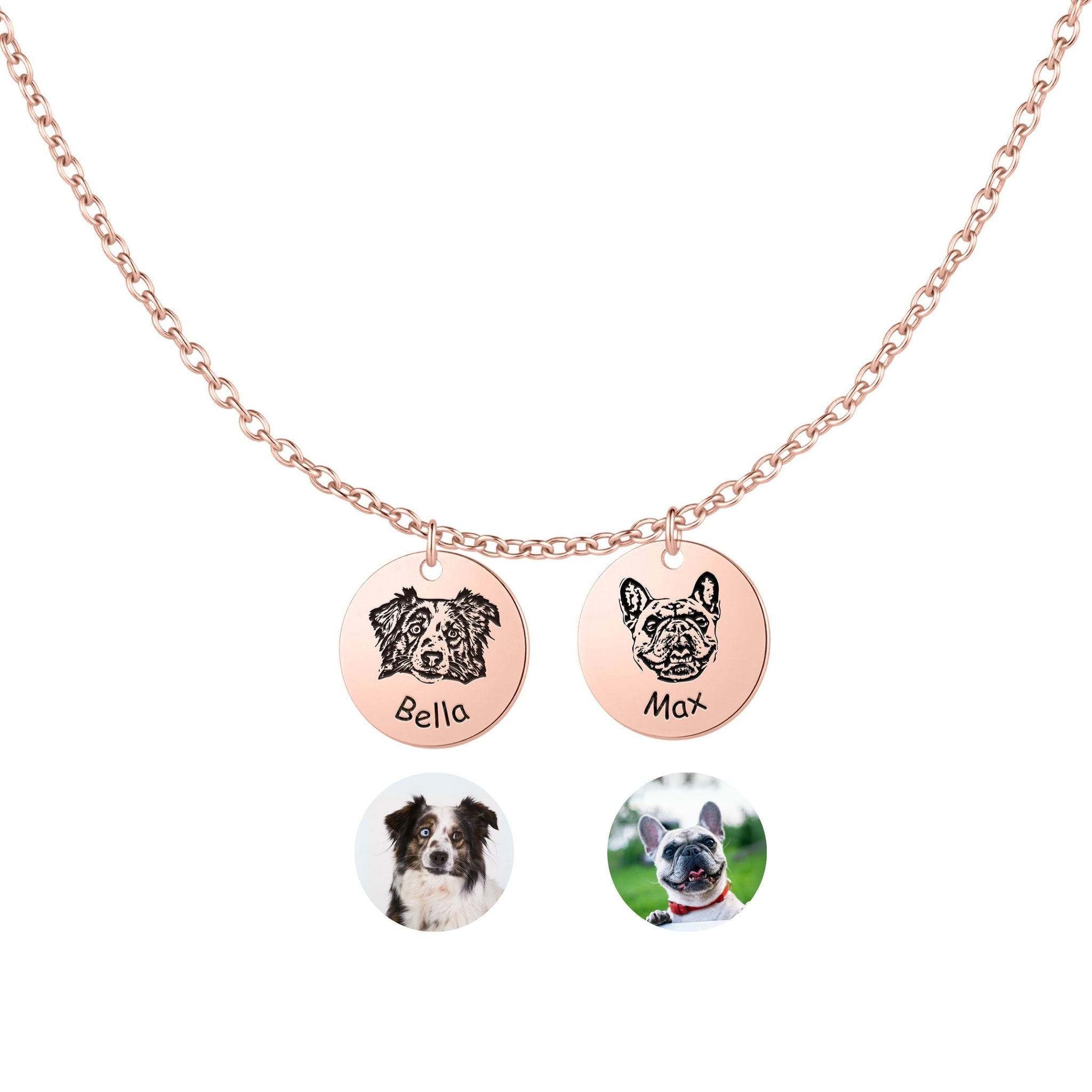 Two rose gold pet face disc pendants with hand-drawn portrait engravings on white background