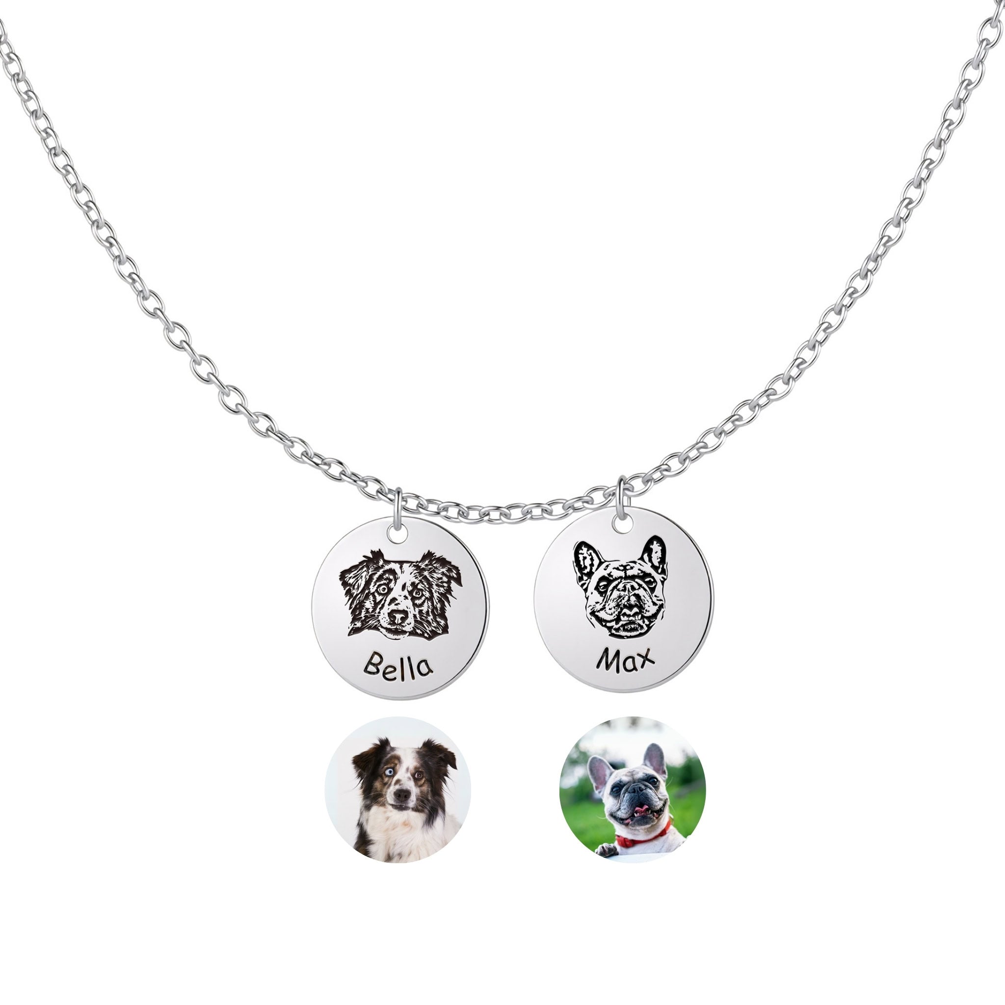 Two silver pet face disc pendants with hand-drawn portrait engravings on white background