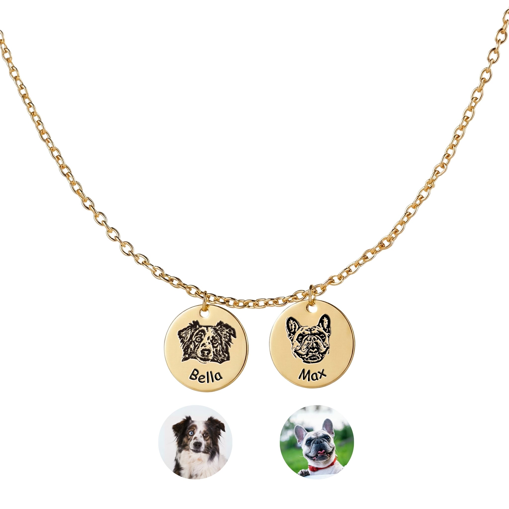 Two gold pet face disc pendants with hand-drawn portrait engravings on white background