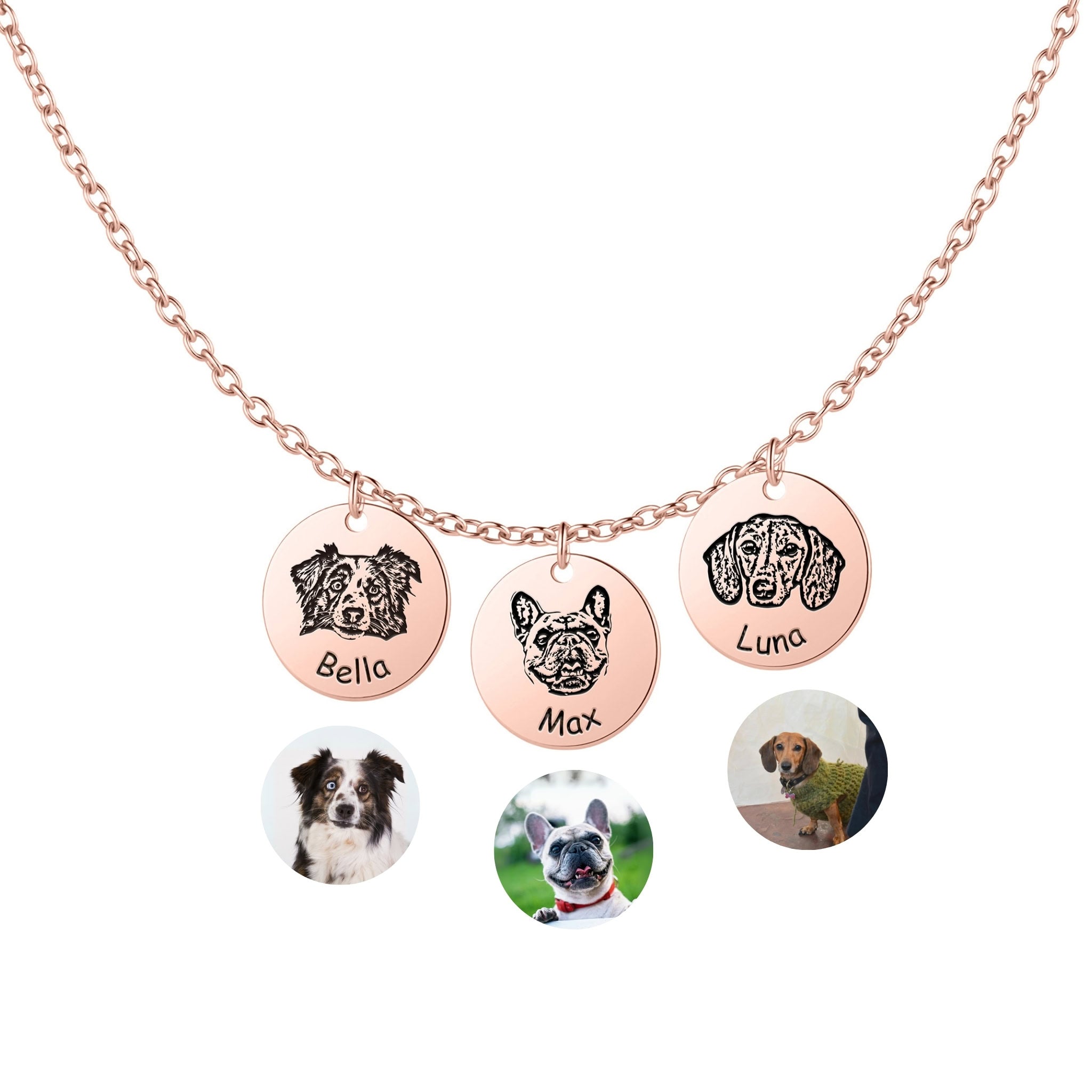 Three rose gold pet face disc pendants with hand-drawn portrait engravings on white background