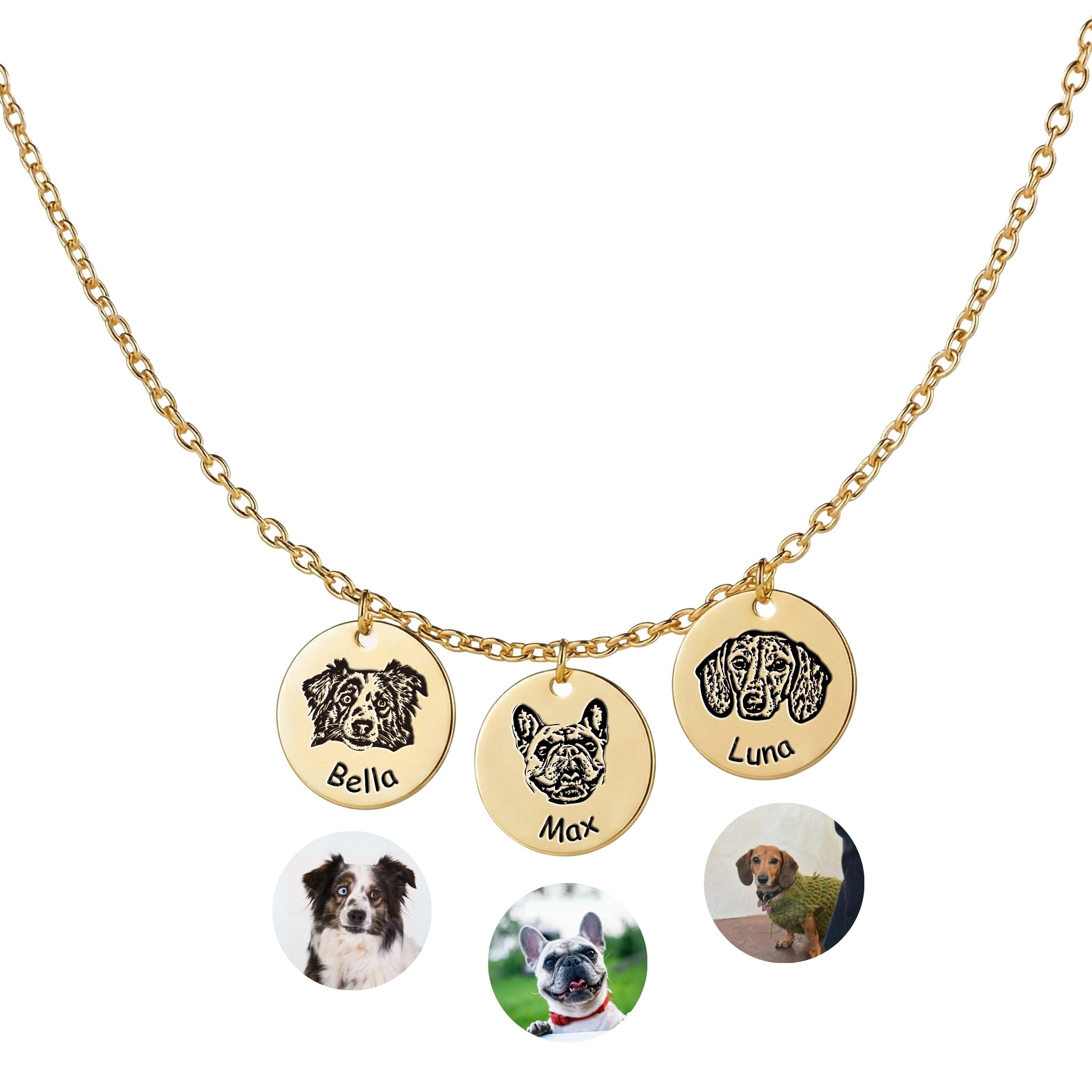 Three gold pet face disc pendants with hand-drawn portrait engravings on white background