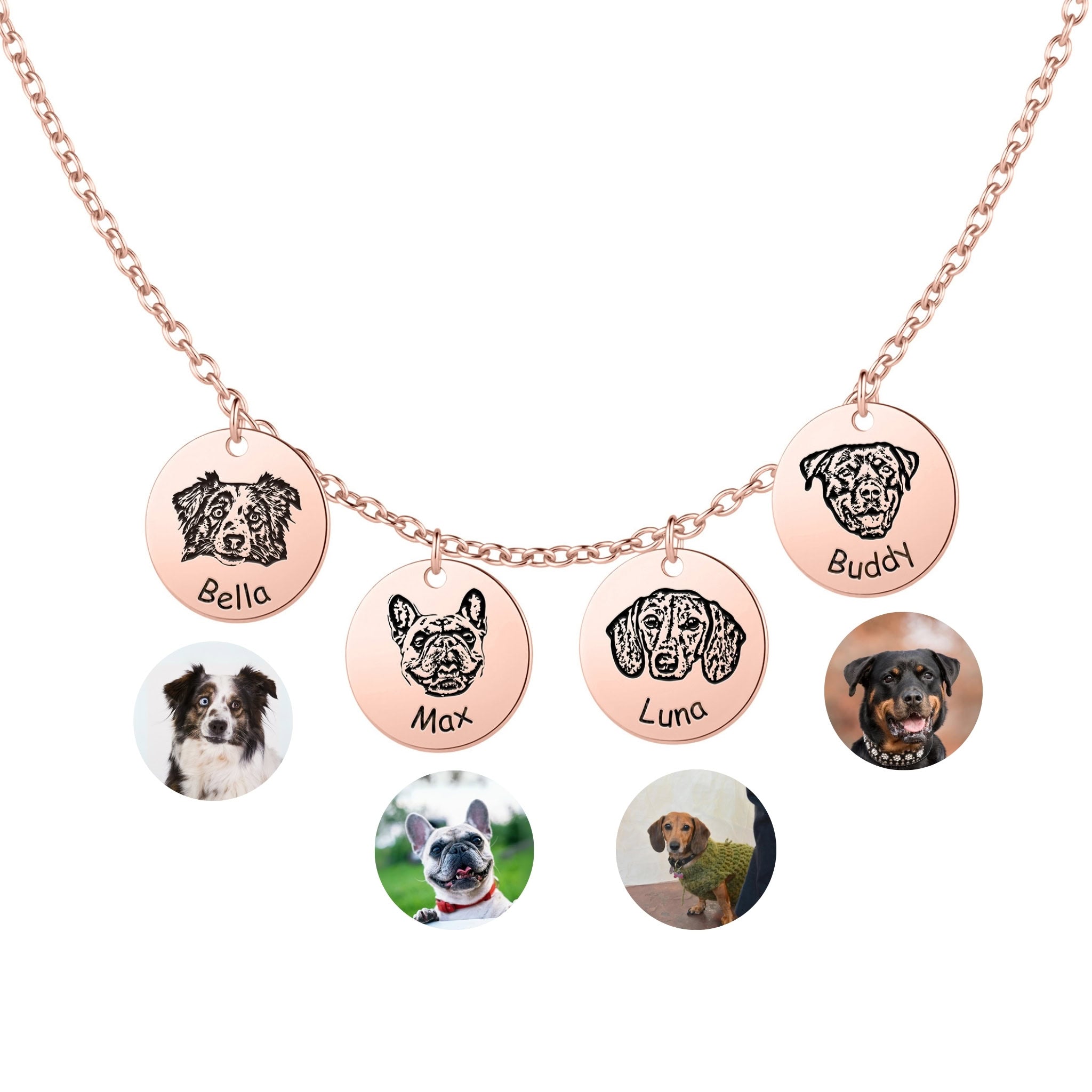Four rose gold pet face disc pendants with hand-drawn portrait engravings on white background