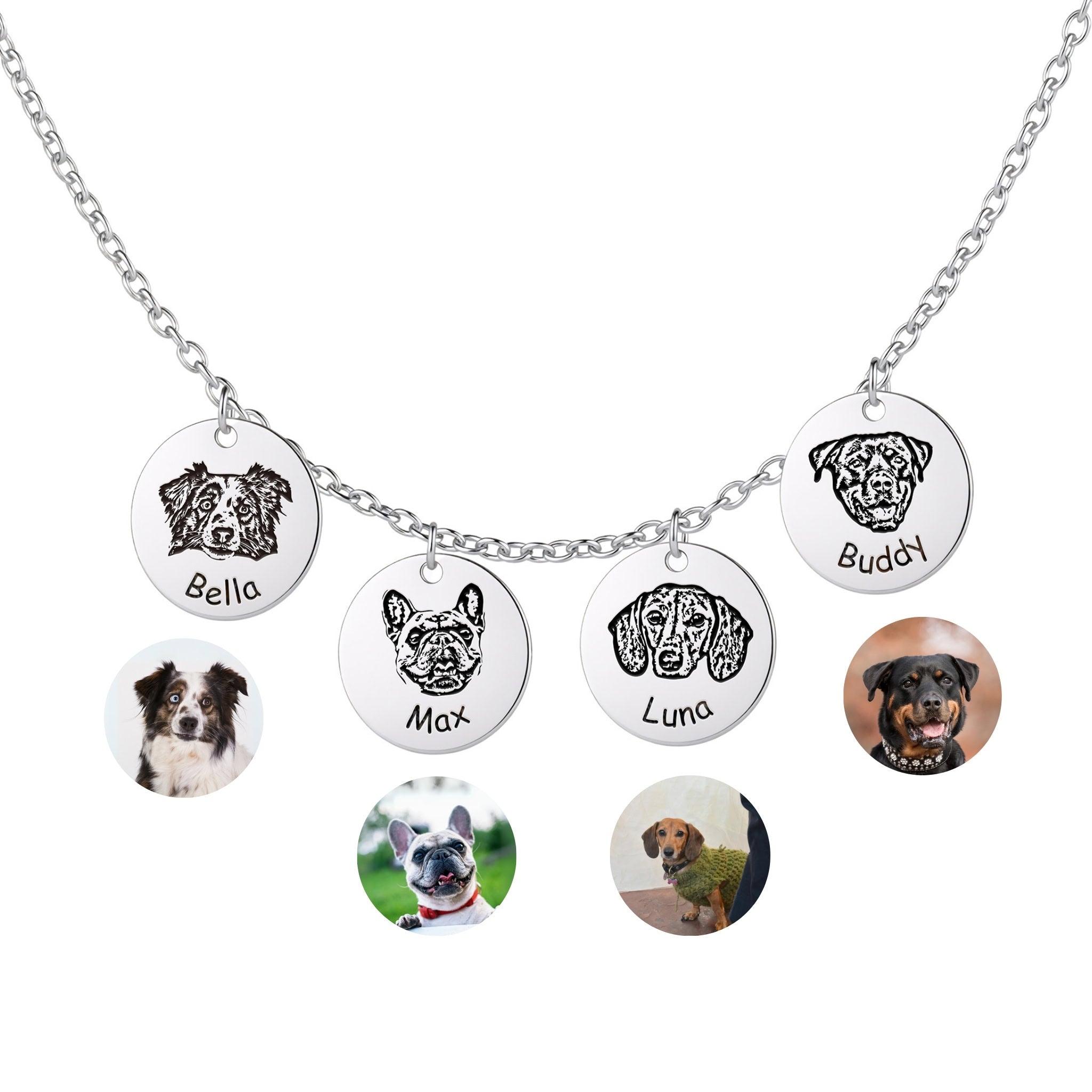 Four silver pet face disc pendants with hand-drawn portrait engravings on white background