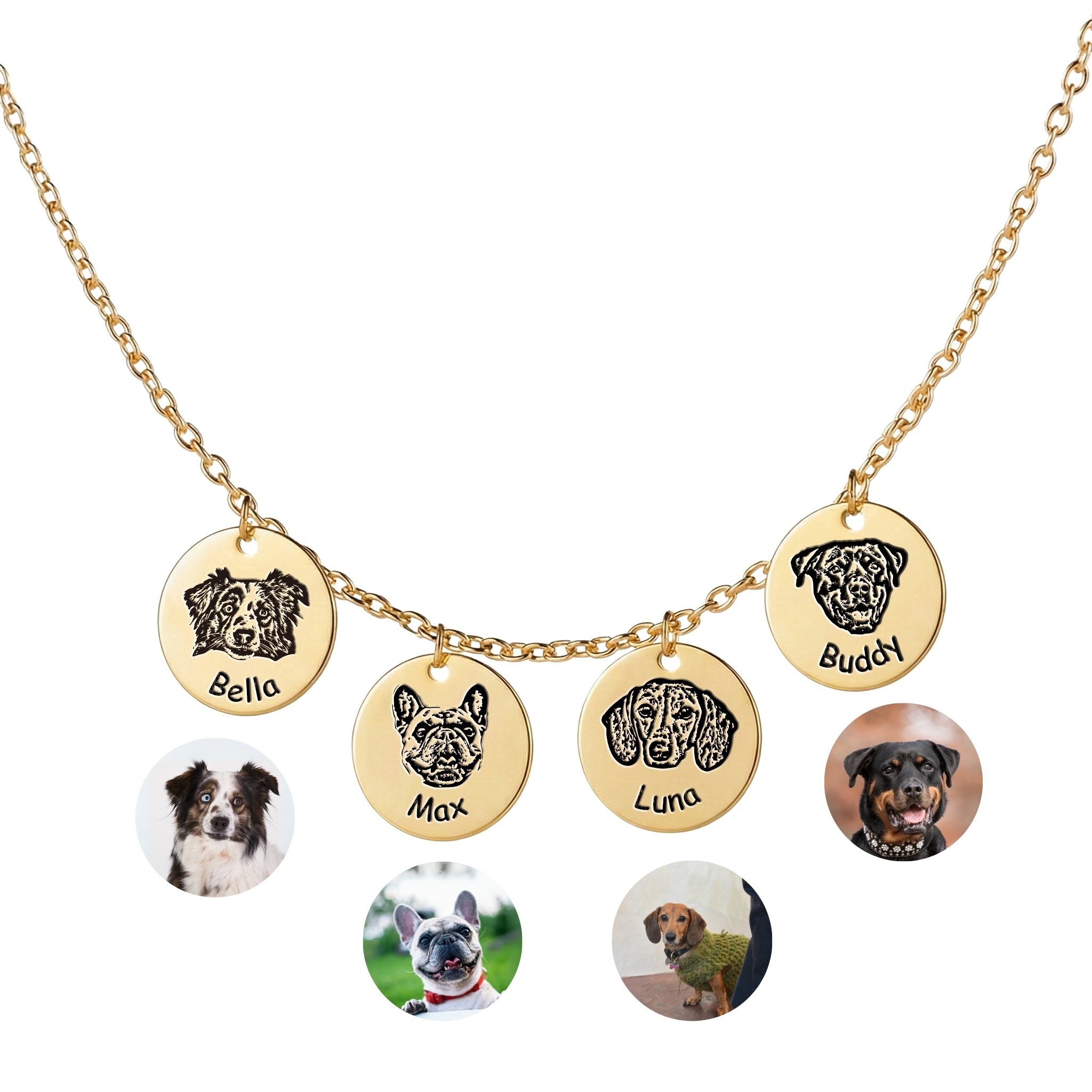 Four gold pet face disc pendants with hand-drawn portrait engravings on white background