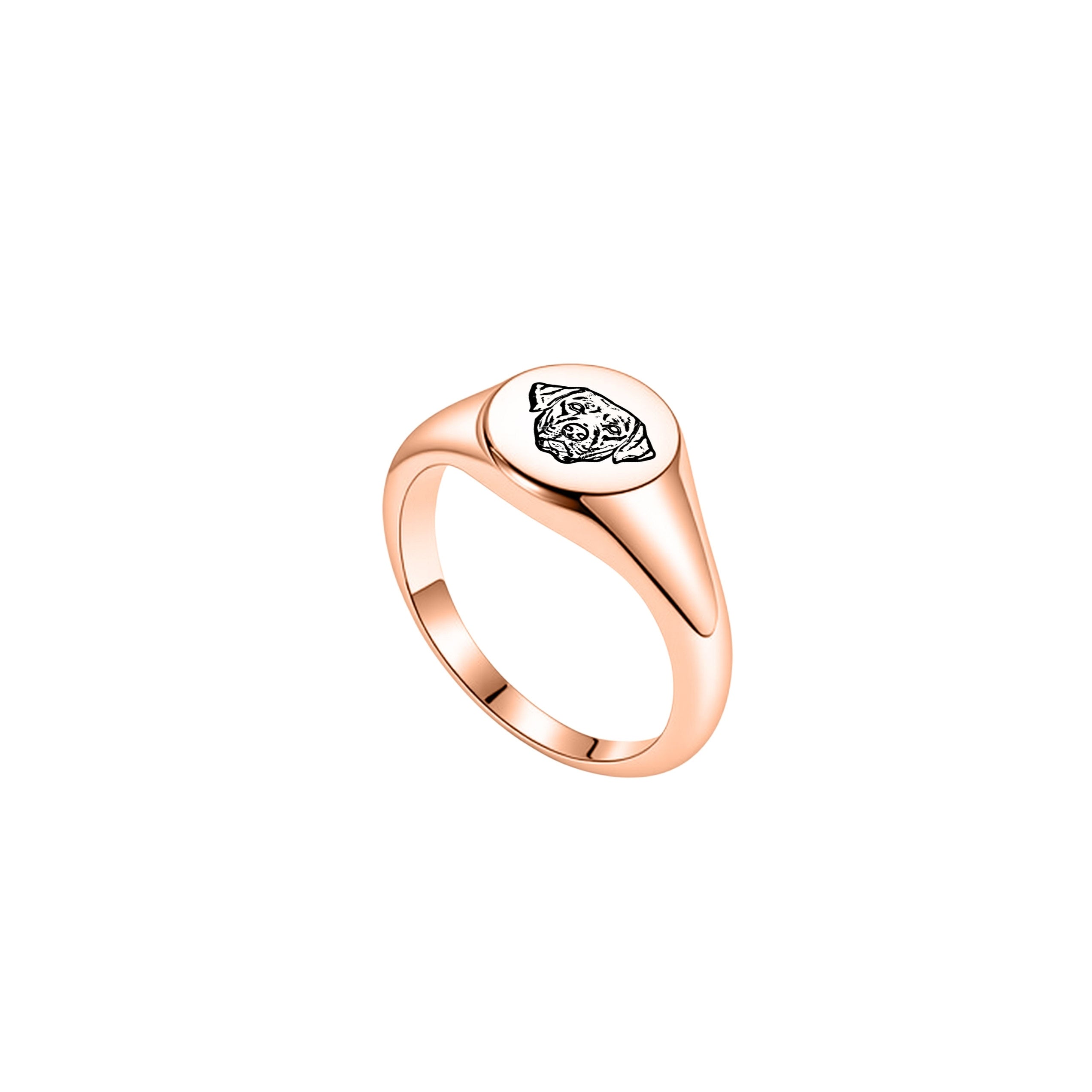 Rose gold pet portrait signet ring with laser-engraved portrait on white background