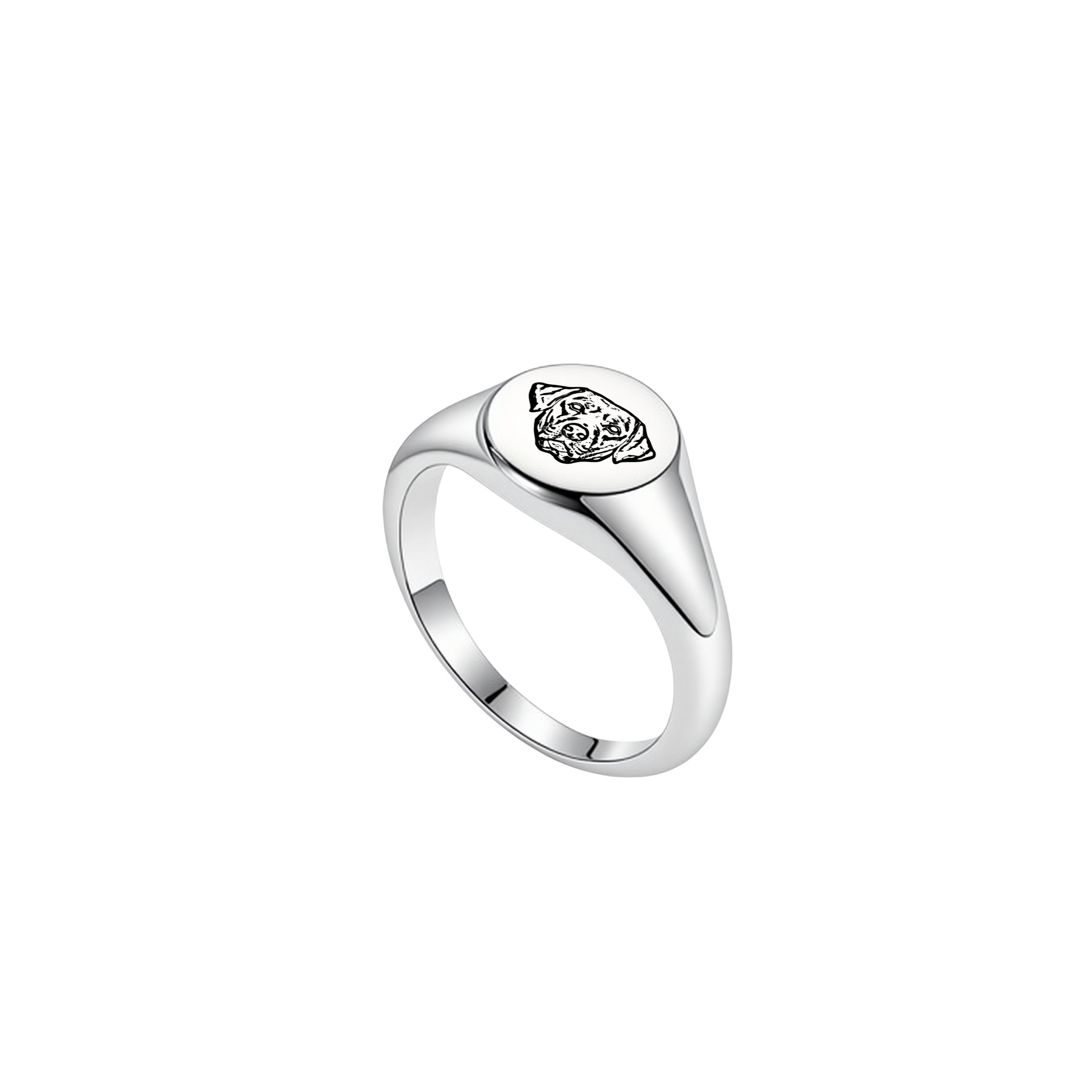 Silver pet portrait signet ring with hand-drawn portrait engraving on white background