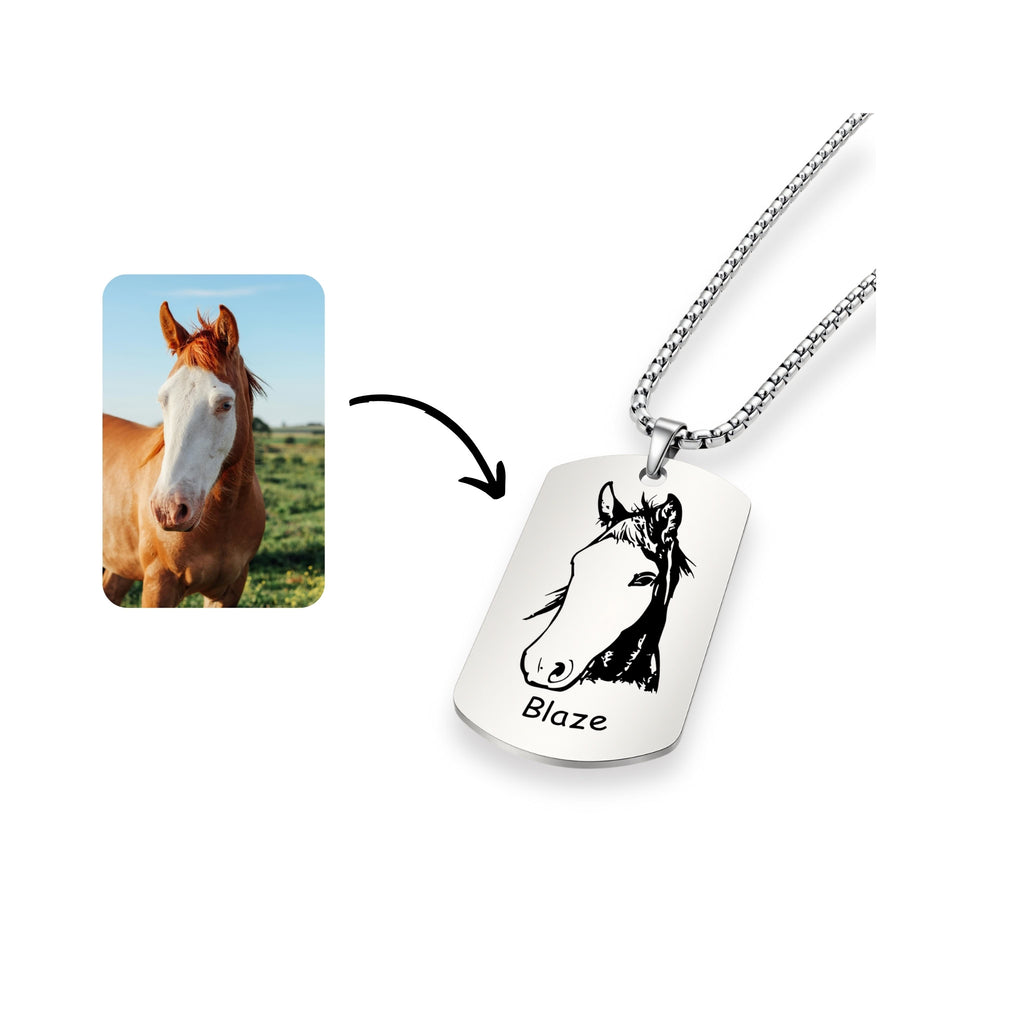 Silver dog tag shaped pendant necklace beside reference photo showing custom engraving result